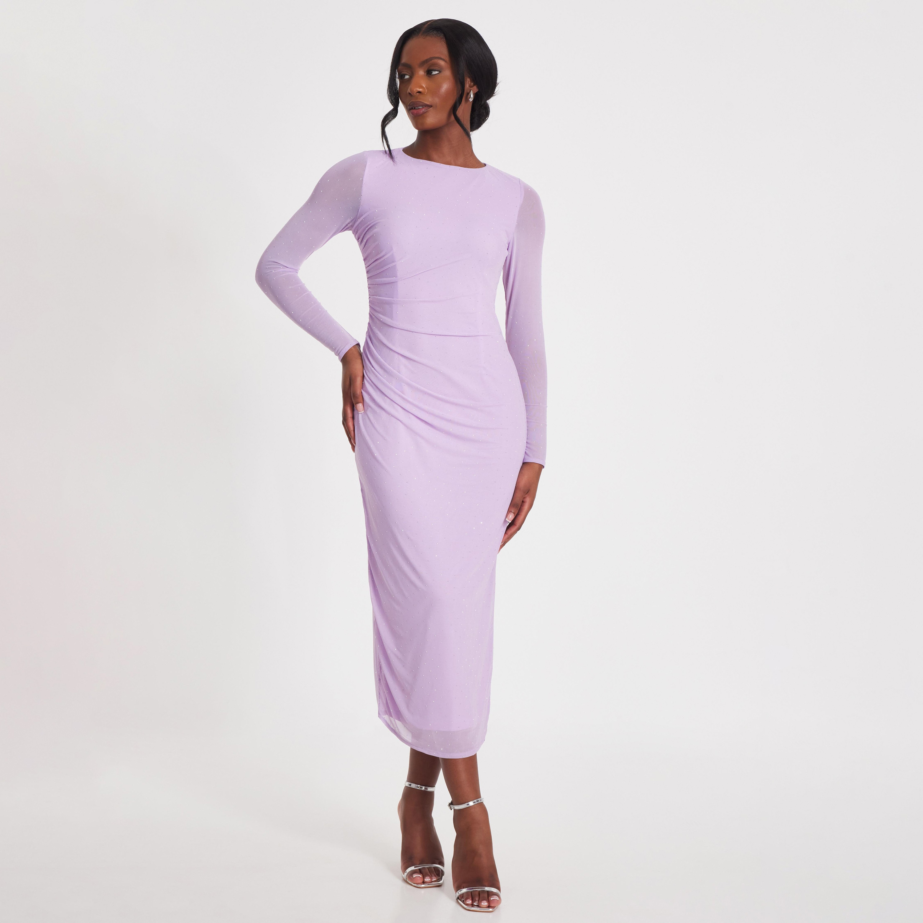 فستان Quiz Lilac Hotfix شبكي من حجر الراين للنساء للسهرة متوسط ​​الطول-women-clothing-dresses-image-1