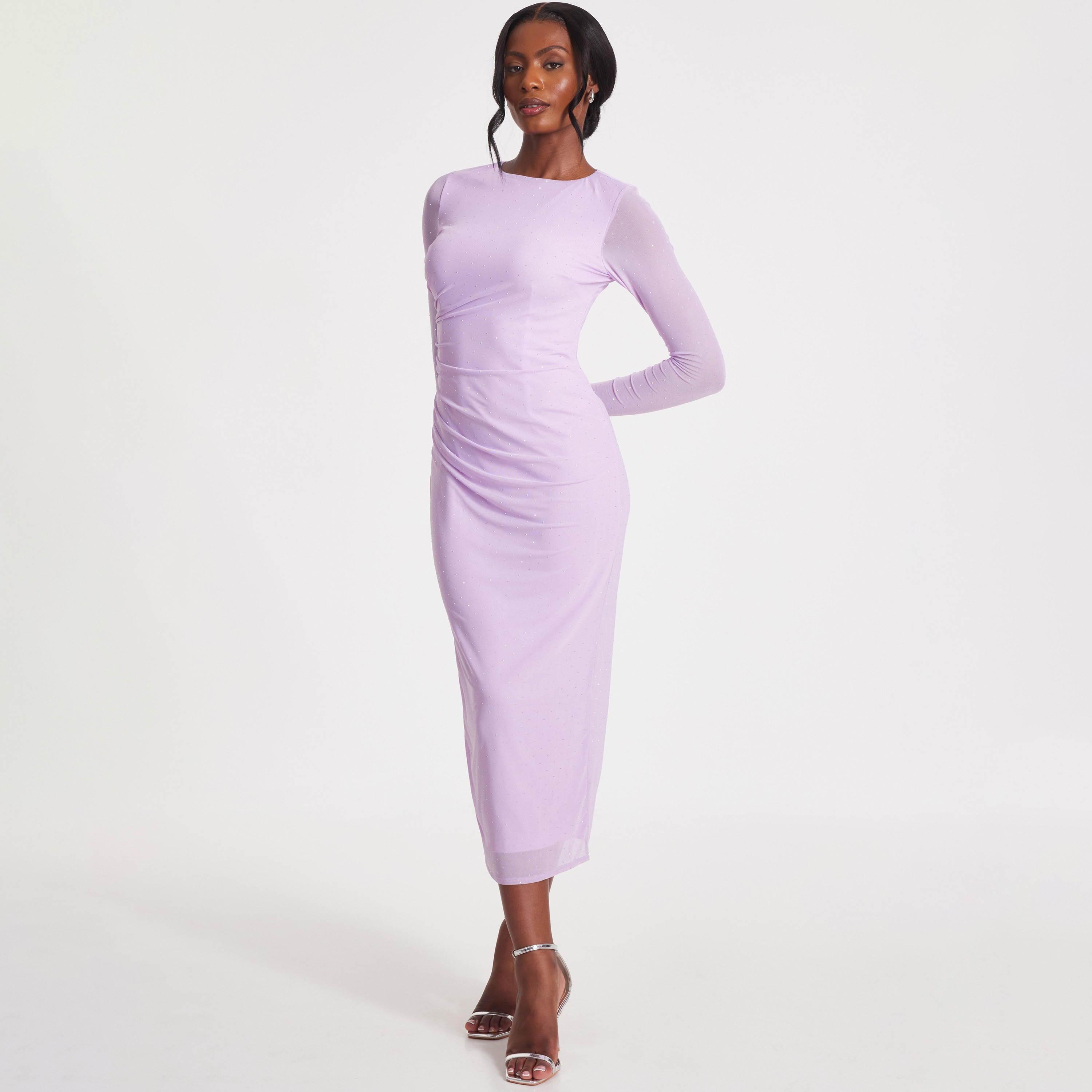 Quiz Lilac Hotfix Rhinestone Mesh Bodycon Women's Evening Midi Dress-women-clothing-dresses-image-2