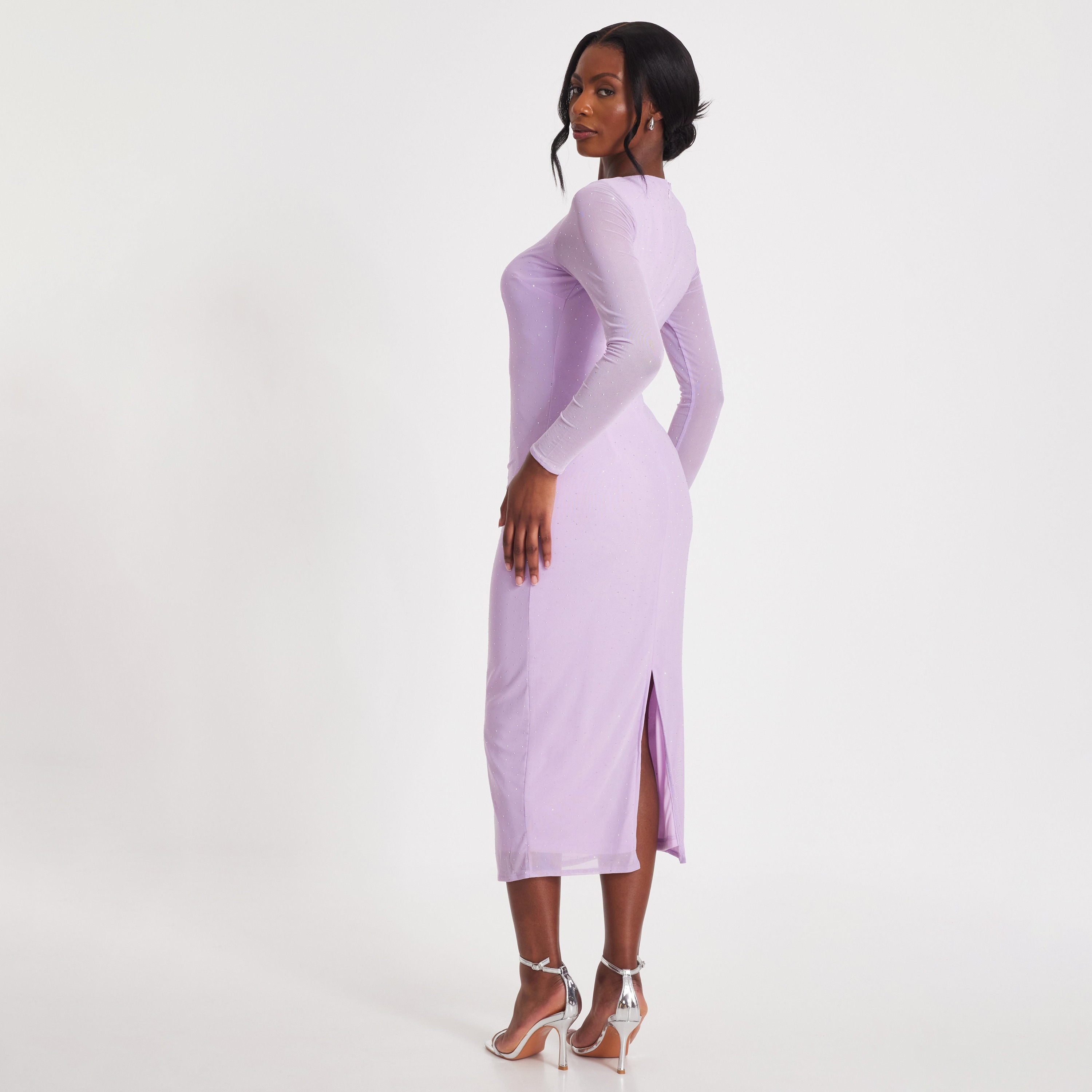 Quiz Lilac Hotfix Rhinestone Mesh Bodycon Women's Evening Midi Dress-women-clothing-dresses-image-3