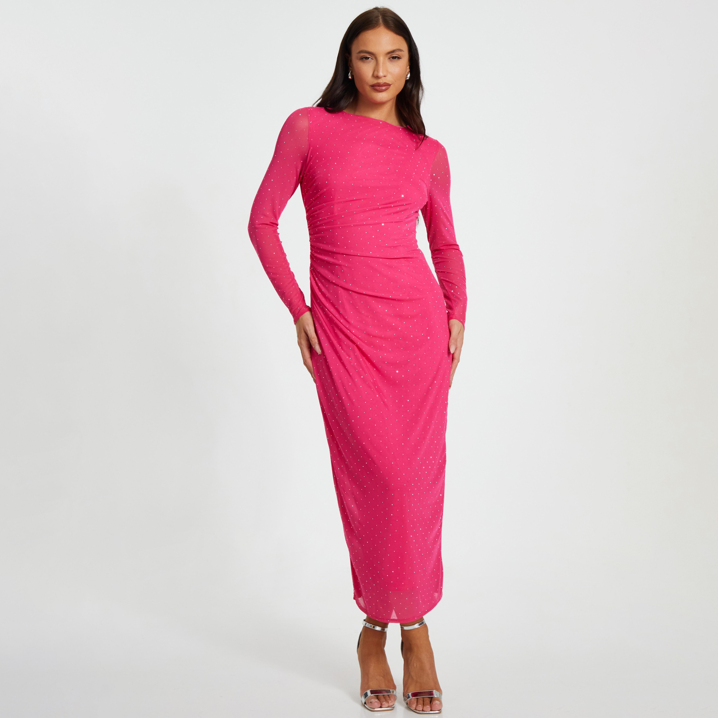 Quiz Magenta Hotfix Rhinestone Mesh Bodycon Women's Evening Midi Dress-women-clothing-dresses-image-1