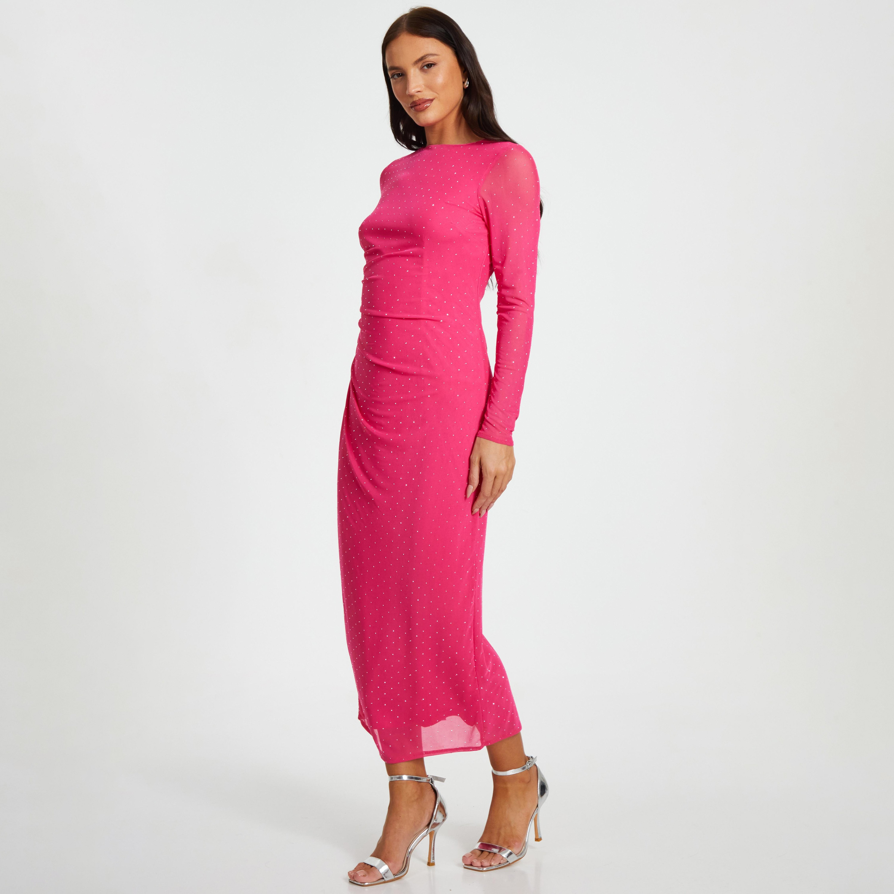 Quiz Magenta Hotfix Rhinestone Mesh Bodycon Women's Evening Midi Dress-women-clothing-dresses-image-2