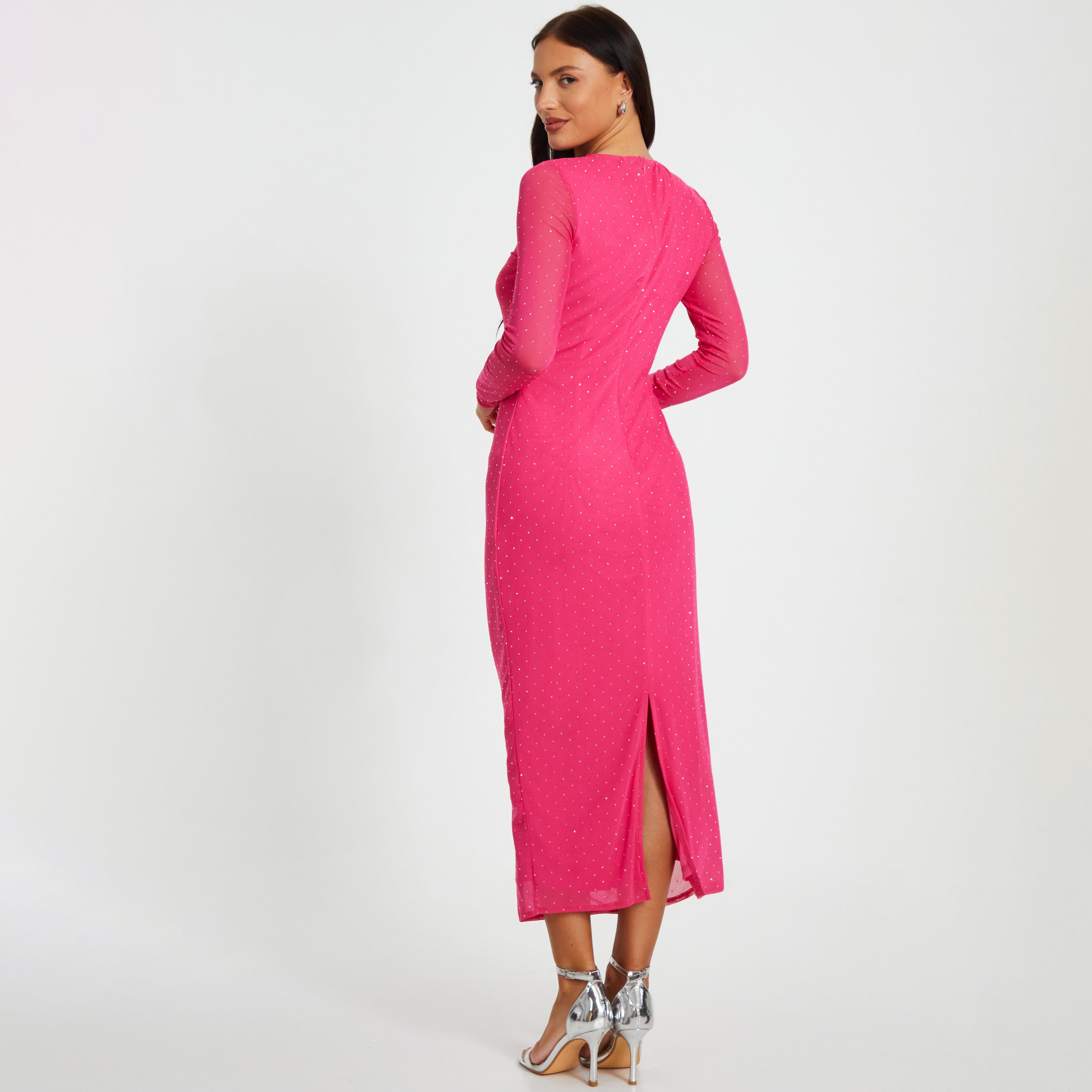 فستان Quiz Magenta Hotfix شبكي من حجر الراين للنساء للسهرة متوسط ​​الطول-women-clothing-dresses-image-3