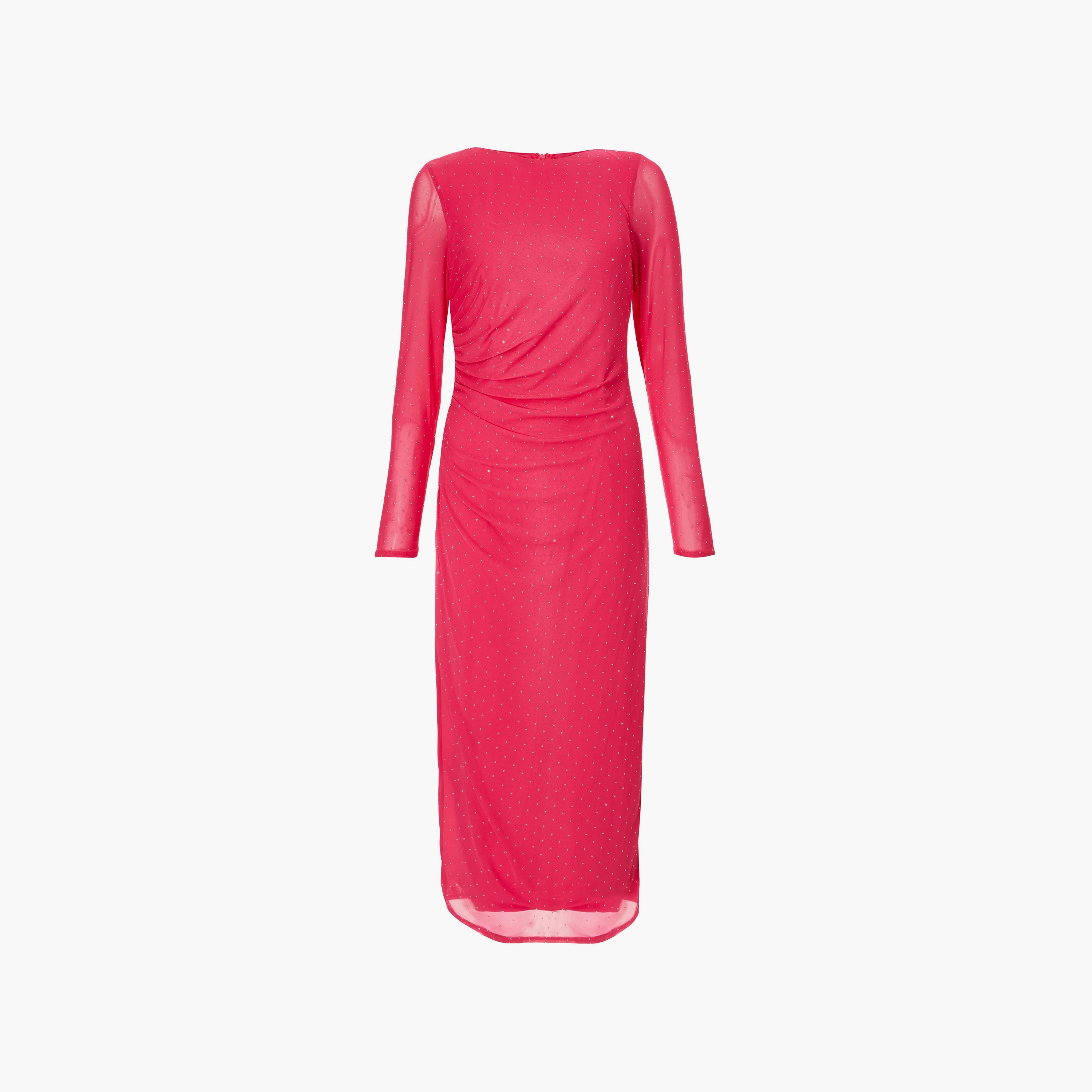 Quiz Magenta Hotfix Rhinestone Mesh Bodycon Women's Evening Midi Dress-women-clothing-dresses-image-5