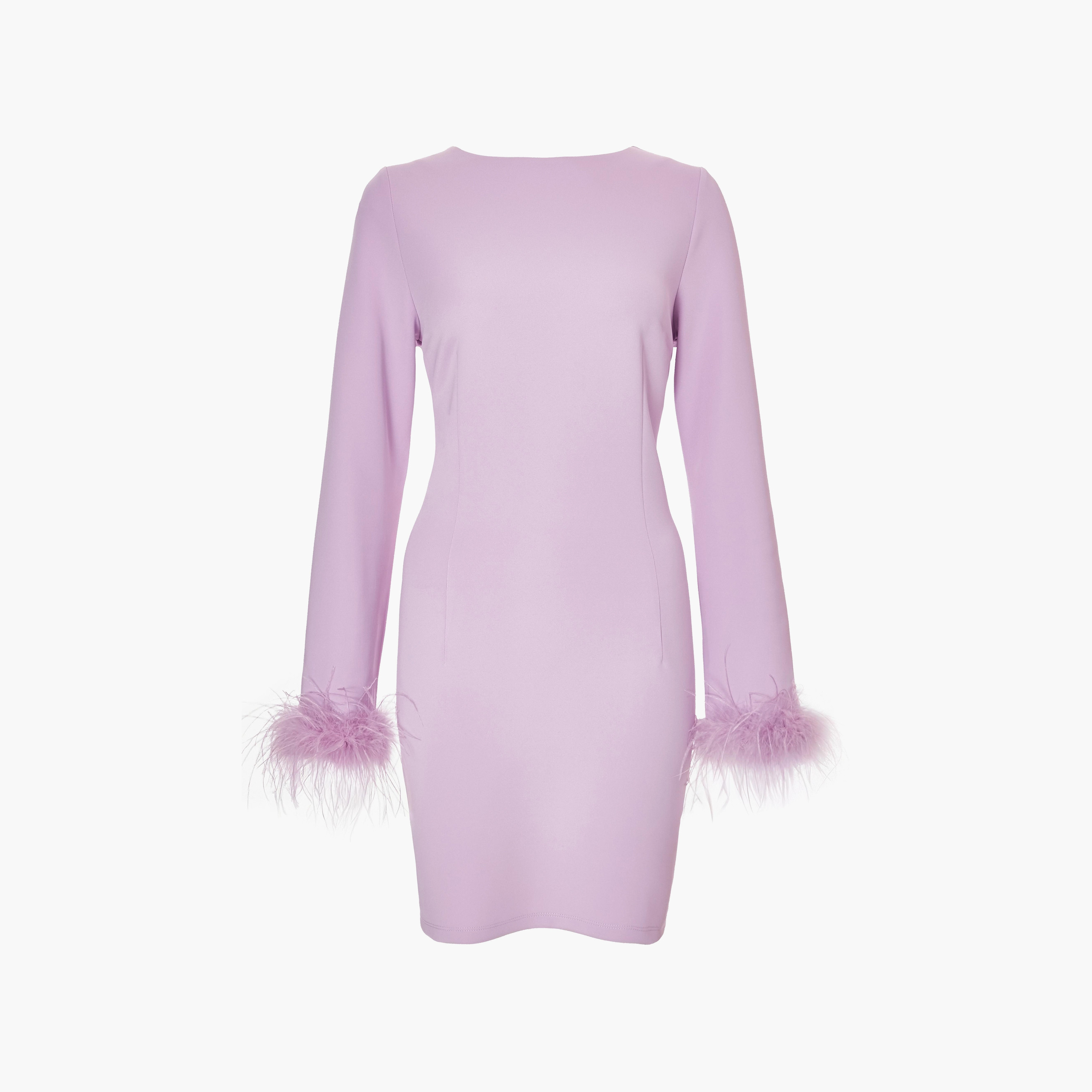 فستان سكوبا بدي كون قصير للنساء باللون الأرجواني مع حواف من الريش من كويز-women-clothing-dresses-image-4