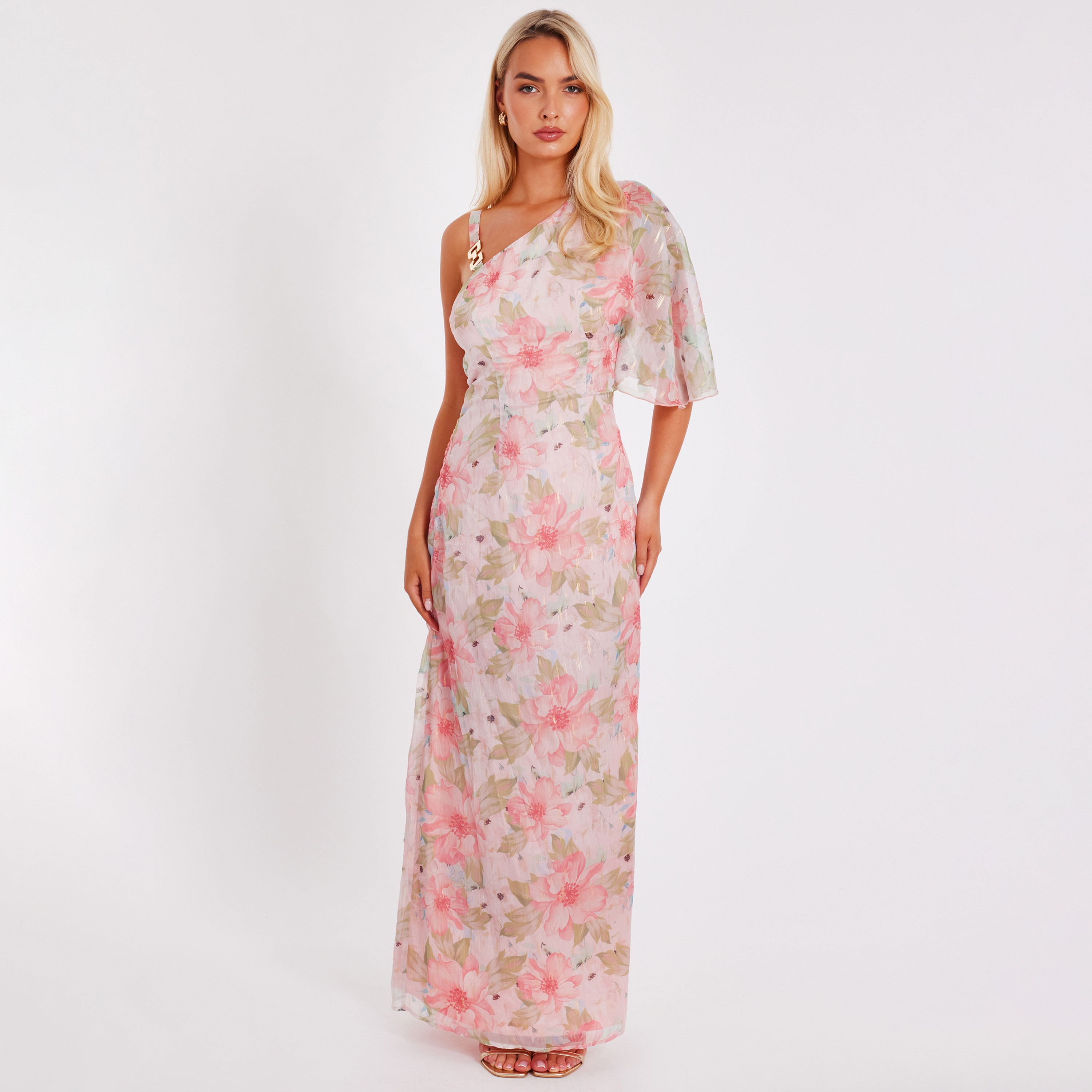 Quiz Floral Chiffon One Shoulder Flutter Sleeve Pink Women's Maxi Dress-women-clothing-dresses-image-1