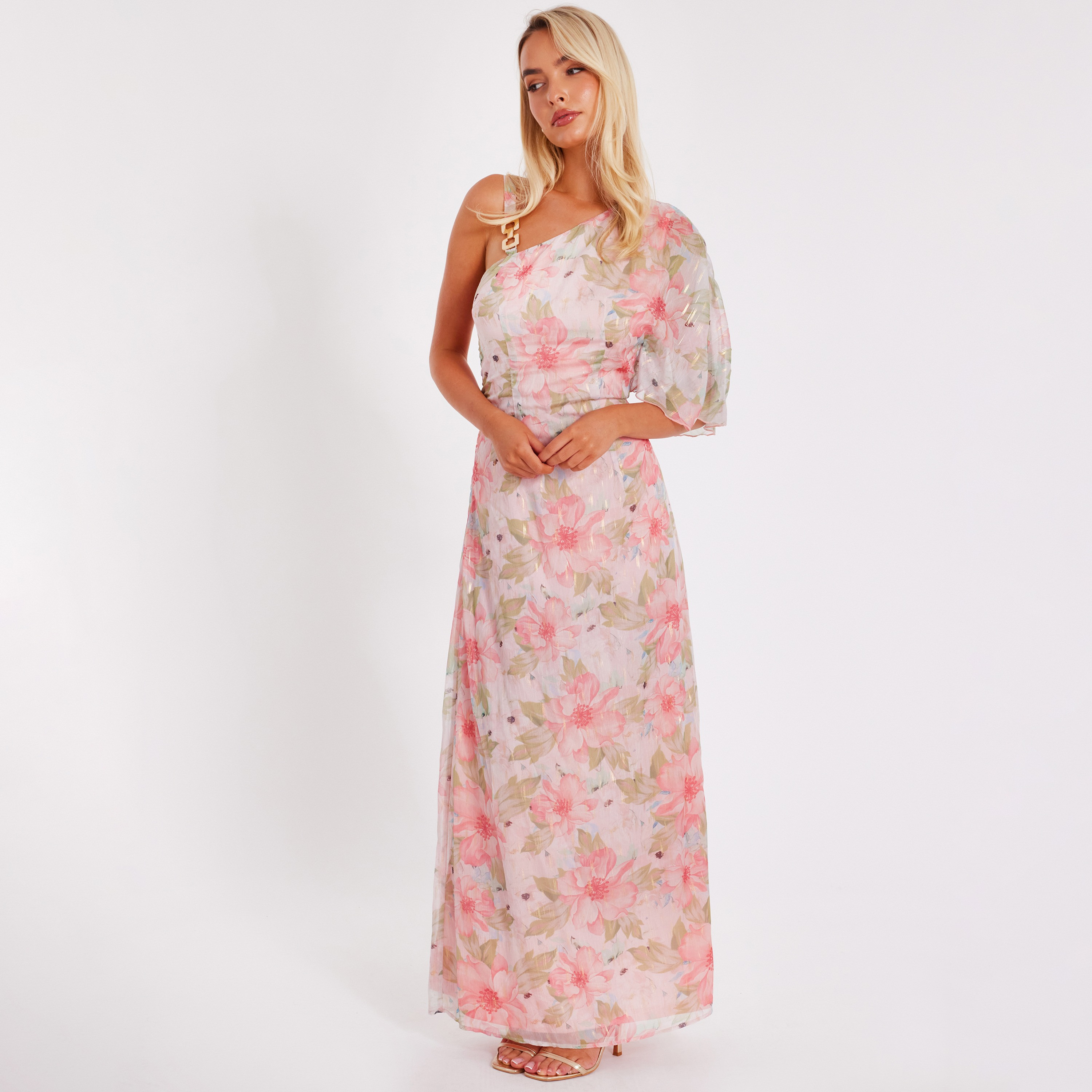 Quiz Floral Chiffon One Shoulder Flutter Sleeve Pink Women's Maxi Dress-women-clothing-dresses-image-2