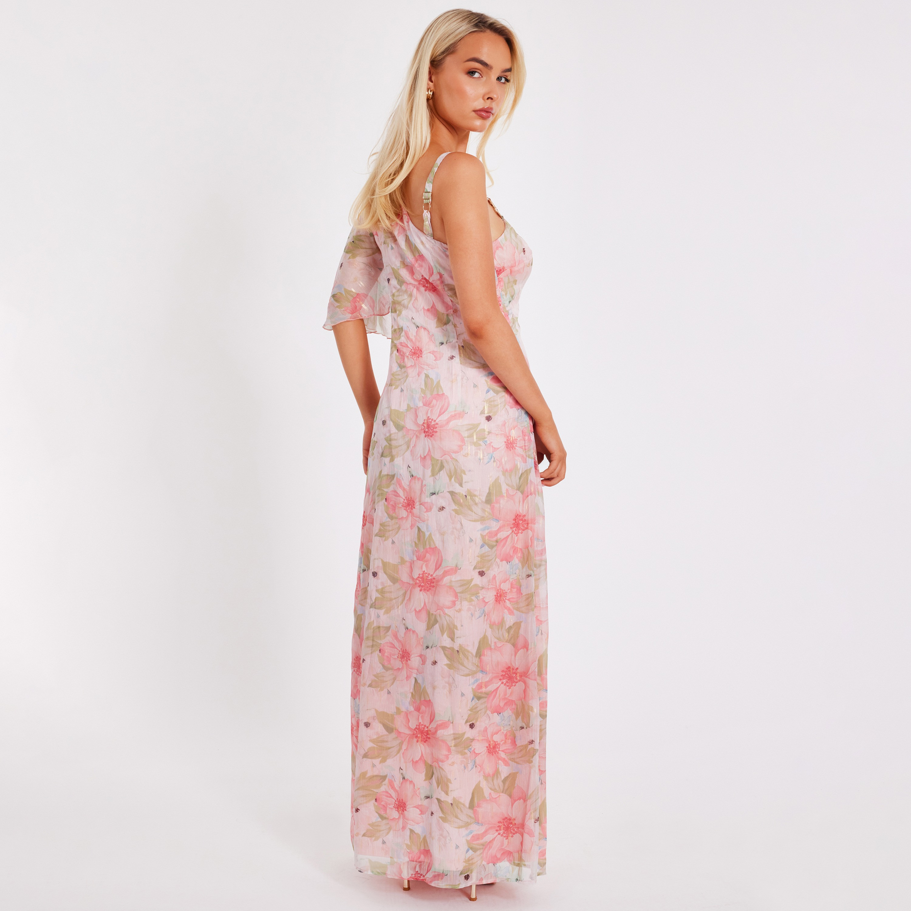 Quiz Floral Chiffon One Shoulder Flutter Sleeve Pink Women's Maxi Dress-women-clothing-dresses-image-3