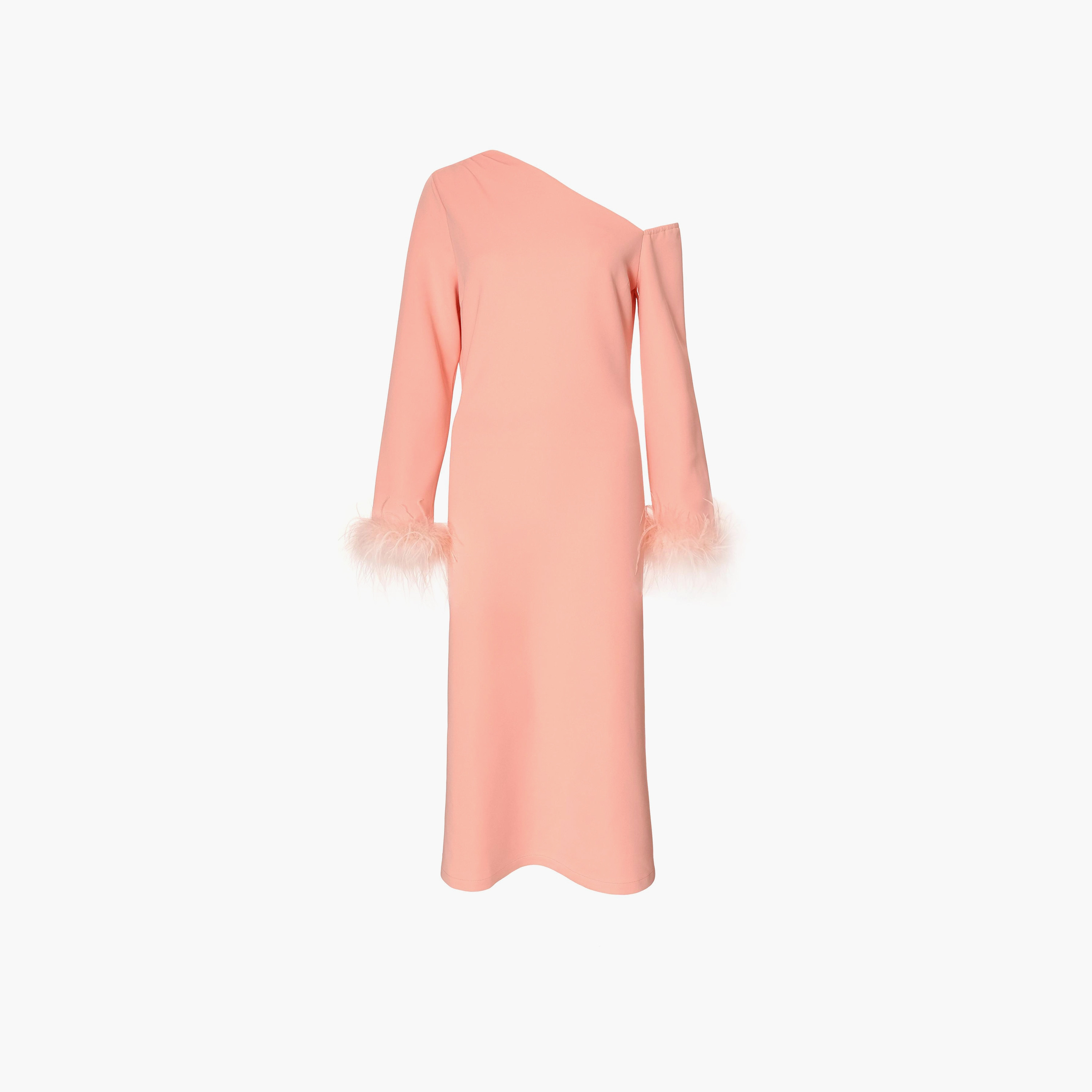 فستان نسائي متوسط الطول مرجاني بفتحة رقبة غير متماثلة وحواف ريشية من كويز-women-clothing-dresses-image-5
