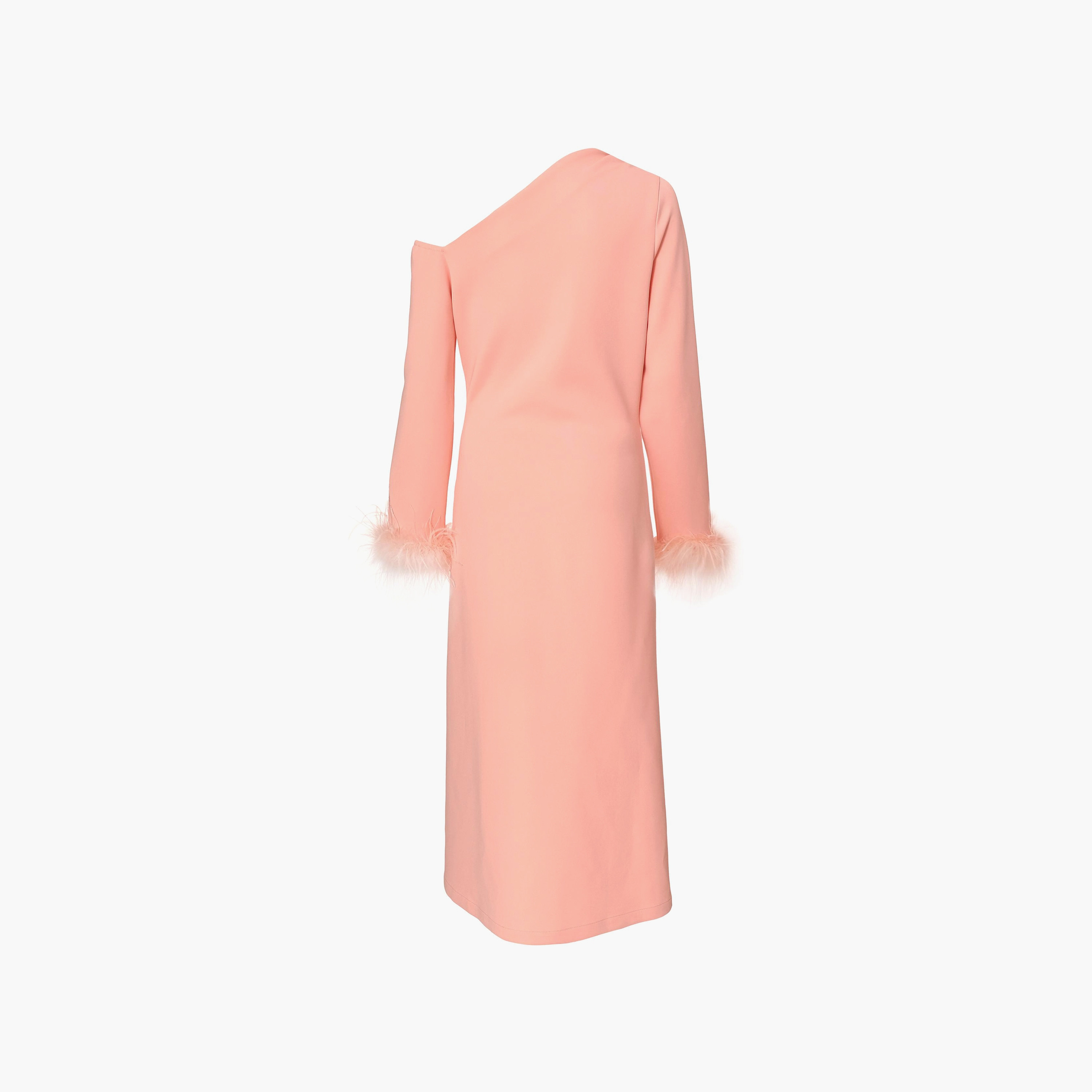 فستان نسائي متوسط الطول مرجاني بفتحة رقبة غير متماثلة وحواف ريشية من كويز-women-clothing-dresses-image-6
