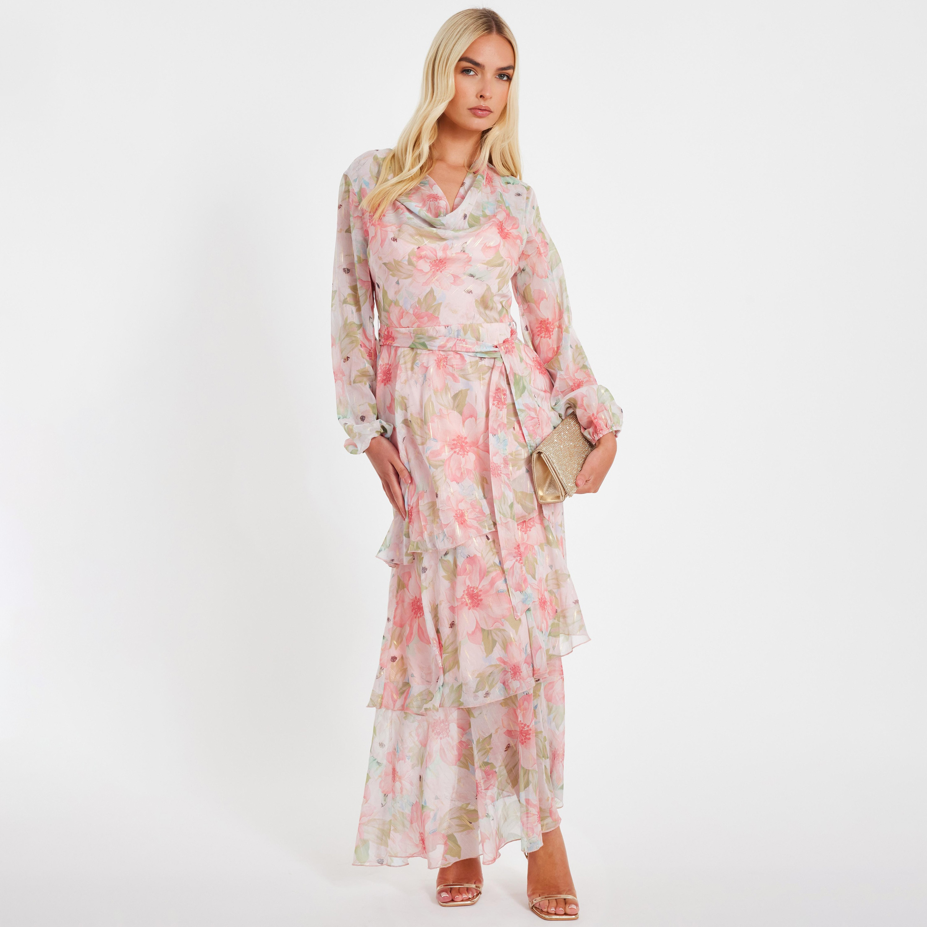 Quiz Floral Print Chiffon Cowl Neck Tiered Coral Women's Maxi Dress-women-clothing-dresses-image-1