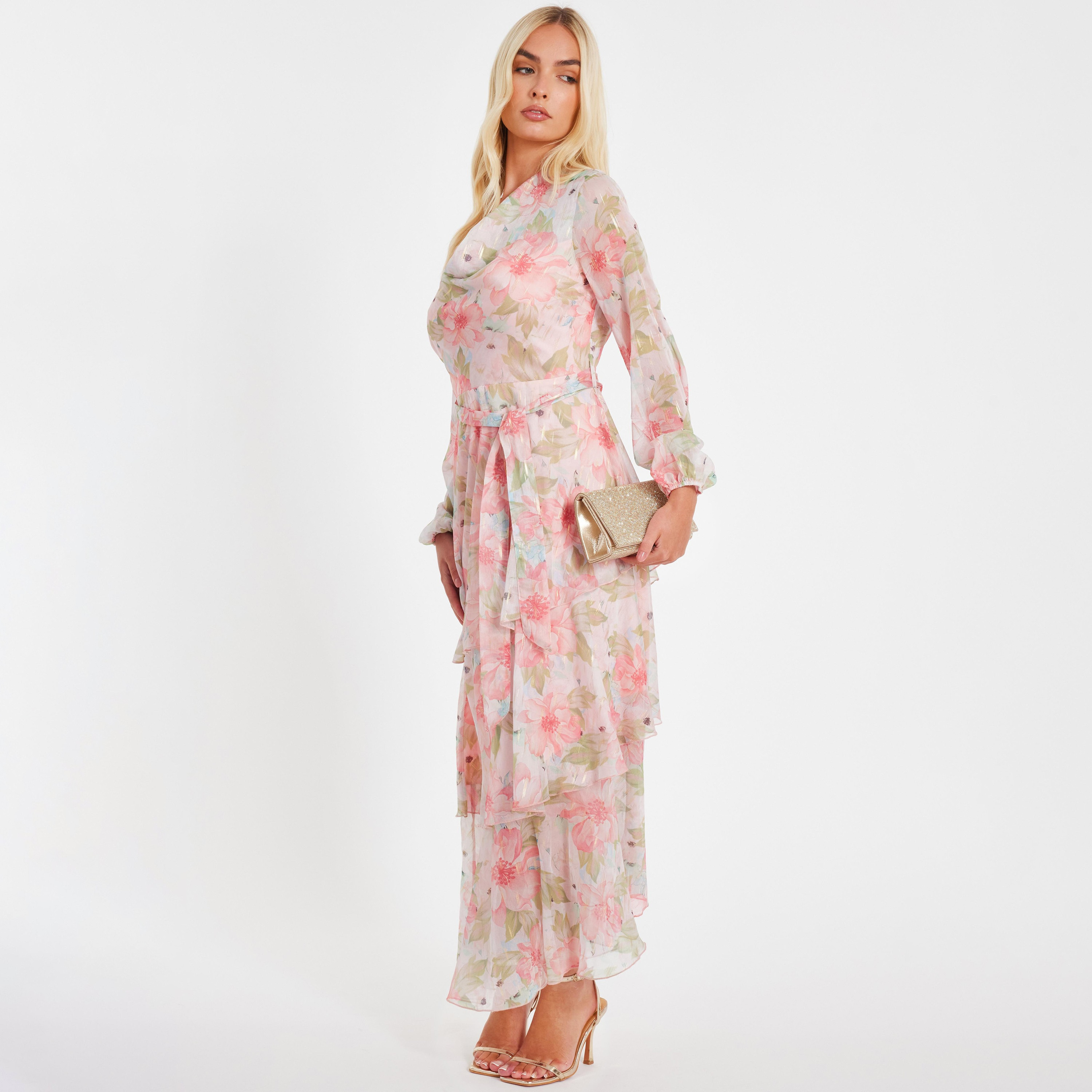 Quiz Floral Print Chiffon Cowl Neck Tiered Coral Women's Maxi Dress-women-clothing-dresses-image-2
