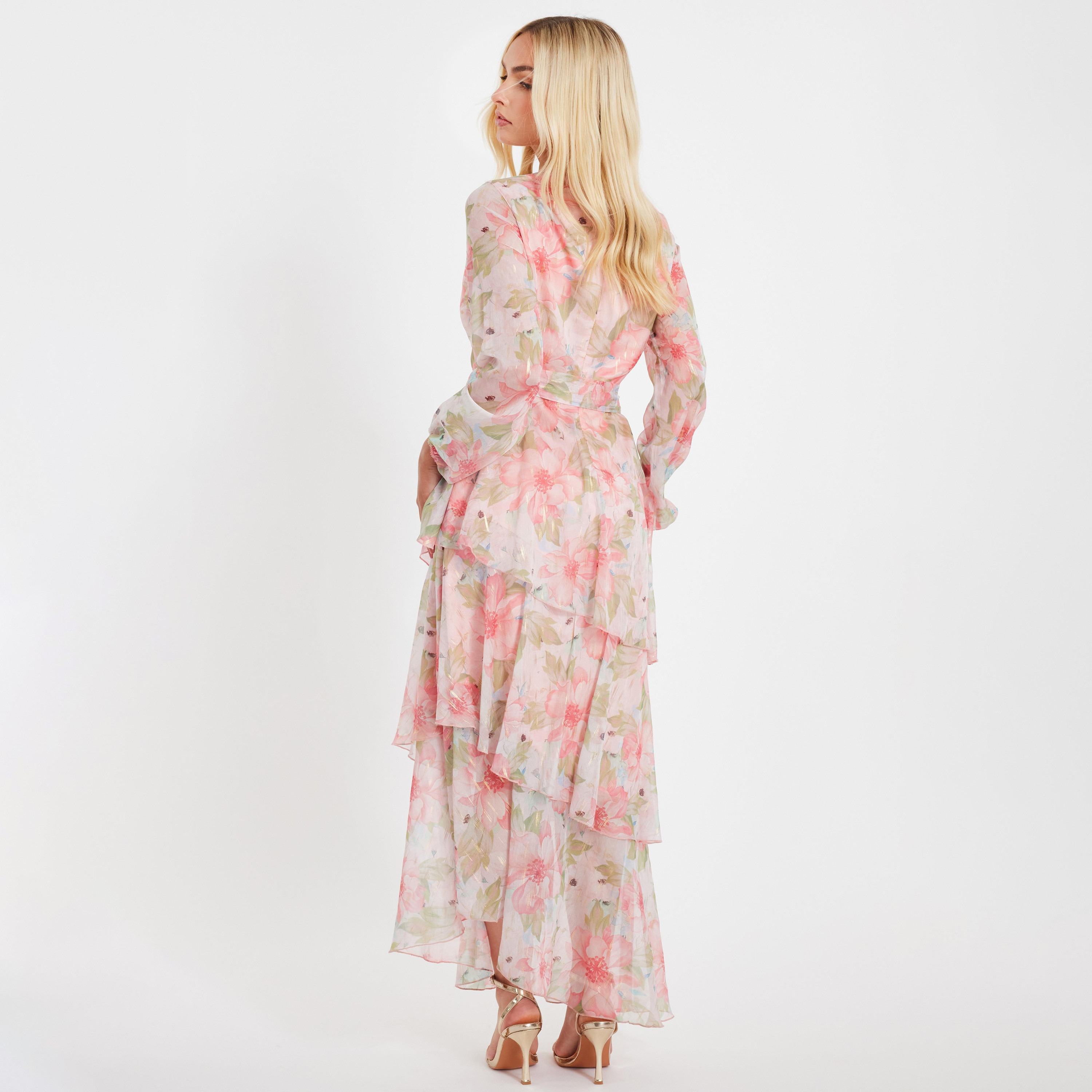 Quiz Floral Print Chiffon Cowl Neck Tiered Coral Women's Maxi Dress-women-clothing-dresses-image-3