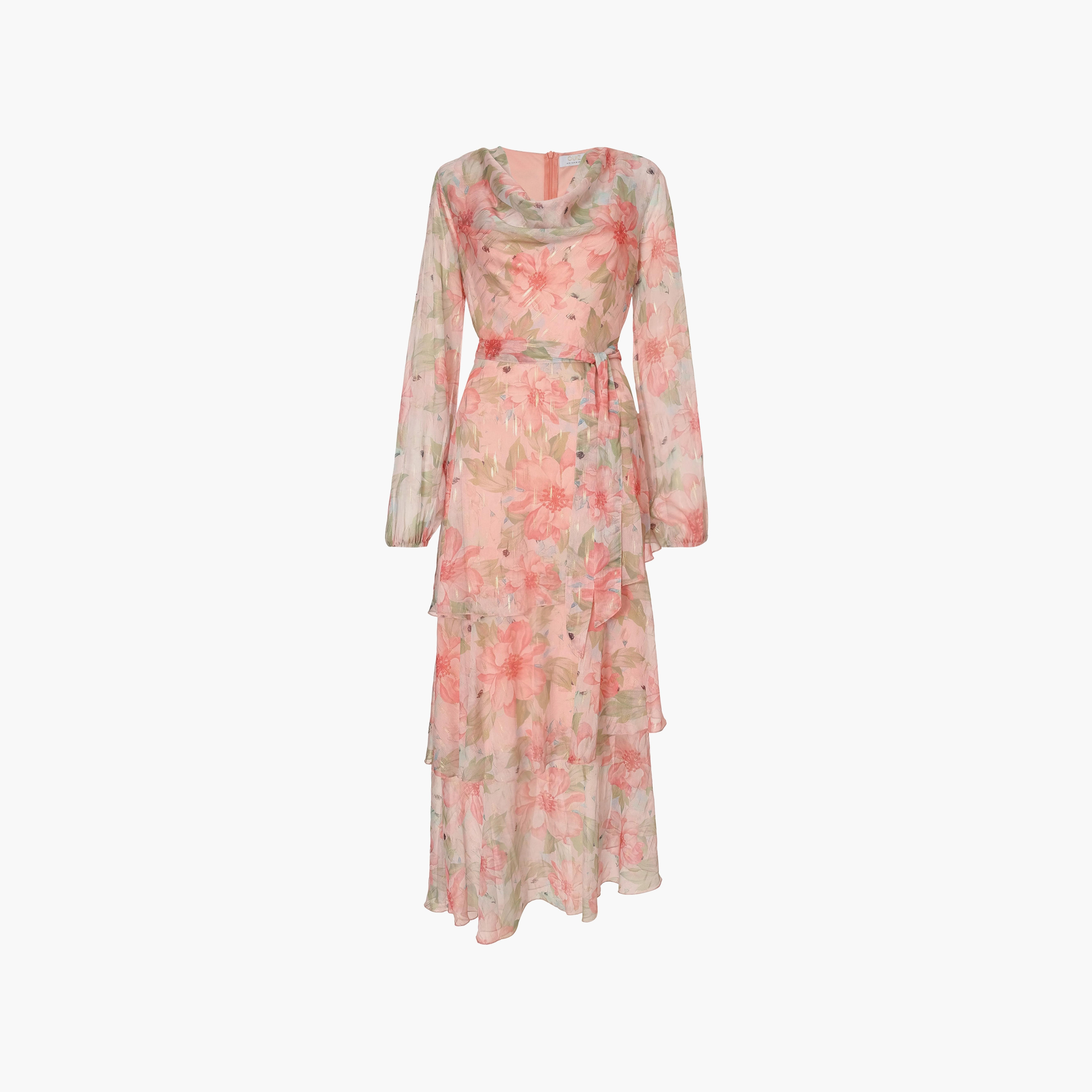 Quiz Floral Print Chiffon Cowl Neck Tiered Coral Women's Maxi Dress-women-clothing-dresses-image-5