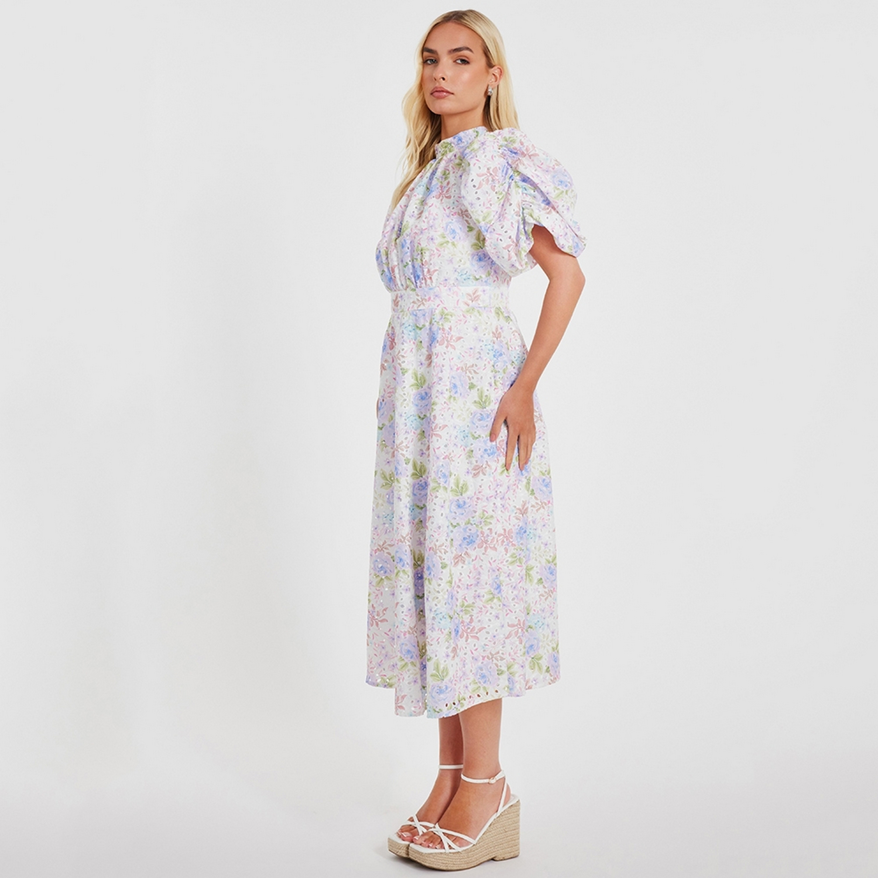 Quiz Embroidered & Floral High Neck Puff Sleeves White Women's Midi Dress-women-clothing-dresses-image-2