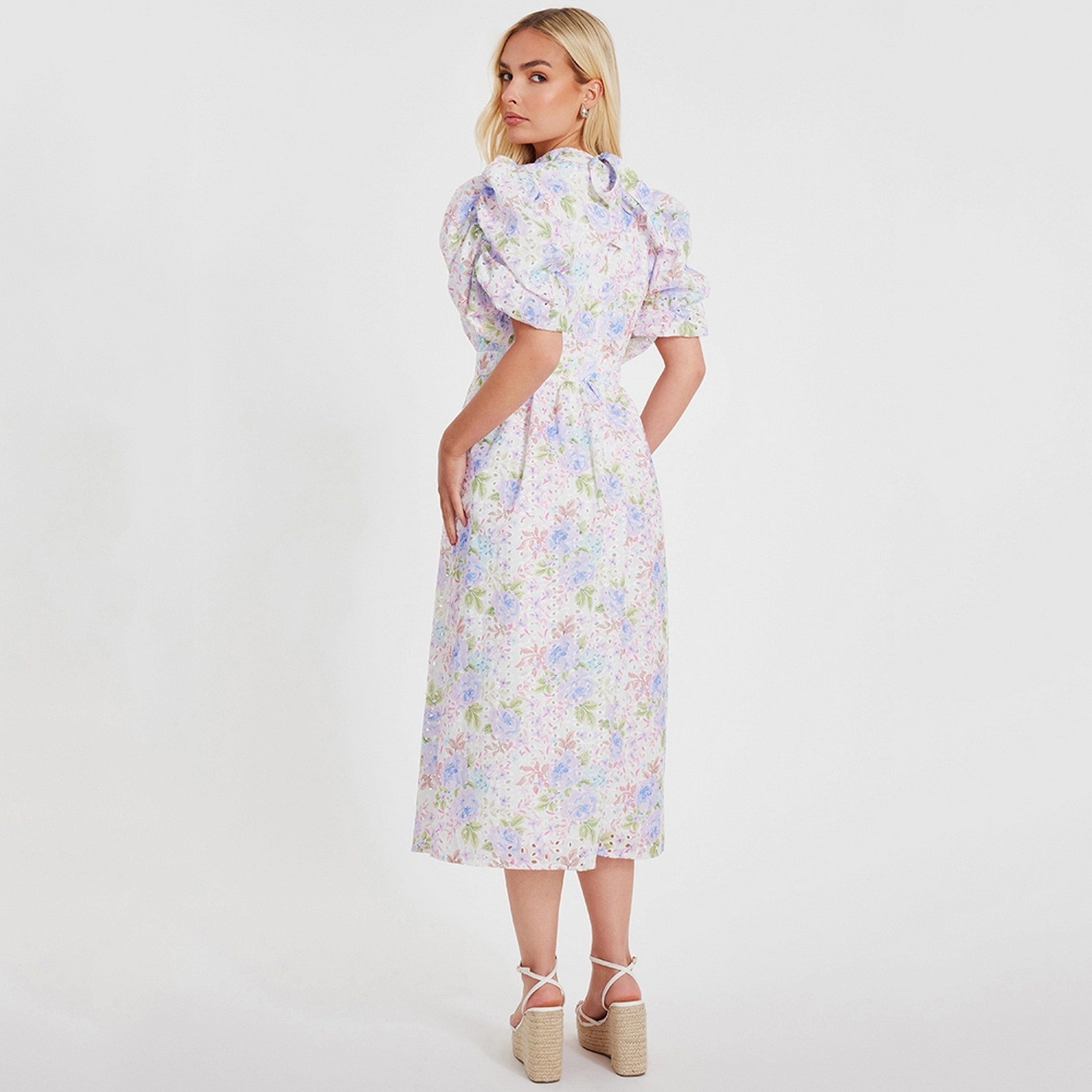 Quiz Embroidered & Floral High Neck Puff Sleeves White Women's Midi Dress-women-clothing-dresses-image-3