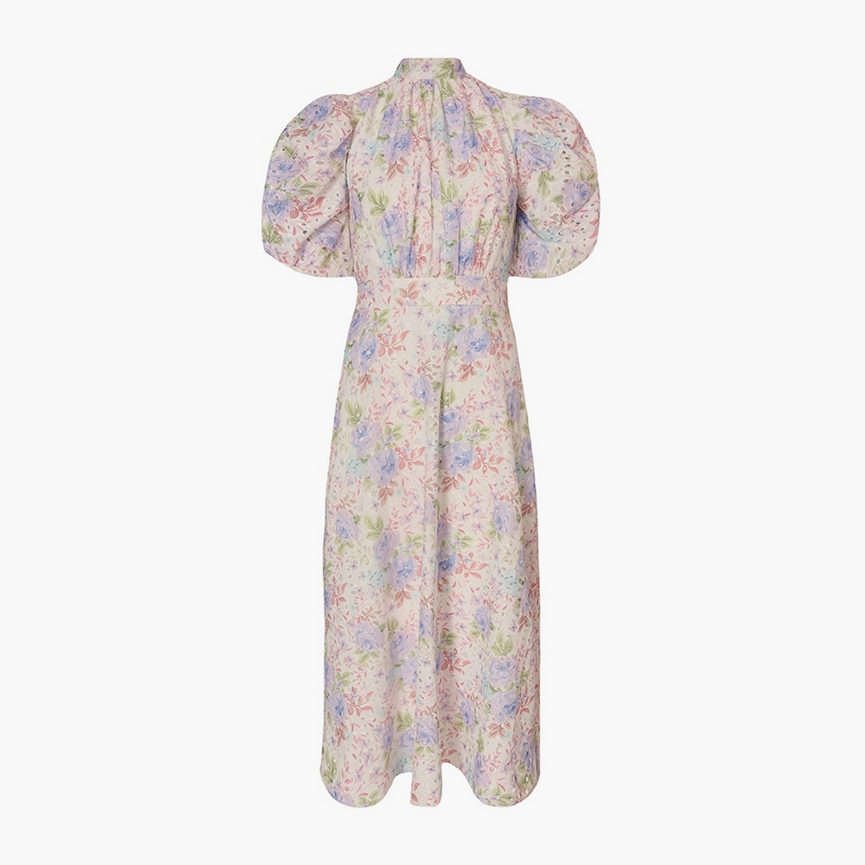فستان ميدي نسائي أبيض بأكمام منتفخة ورقبة عالية مطرز ومزين بالزهور من كويز.-women-clothing-dresses-image-5