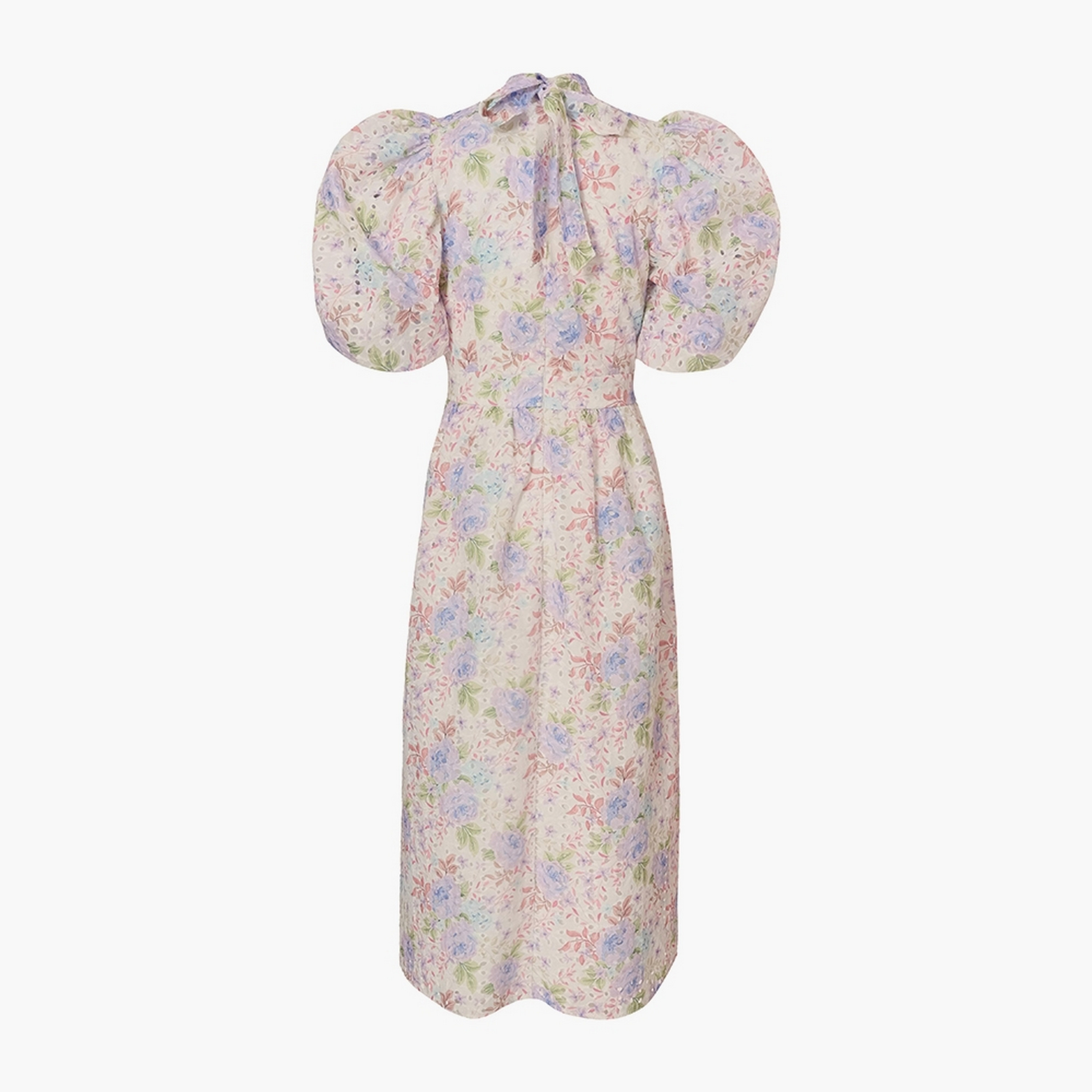 فستان ميدي نسائي أبيض بأكمام منتفخة ورقبة عالية مطرز ومزين بالزهور من كويز.-women-clothing-dresses-image-6
