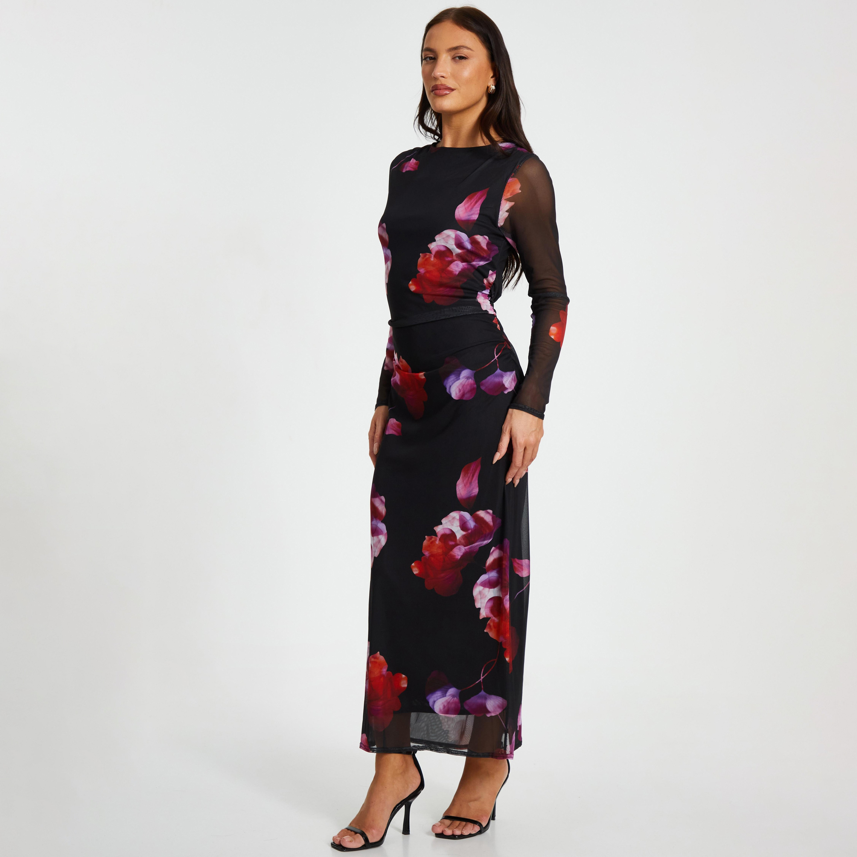 فستان ماكسي نسائي أسود مزهر من القماش الشبكي من كويز-women-clothing-dresses-image-2