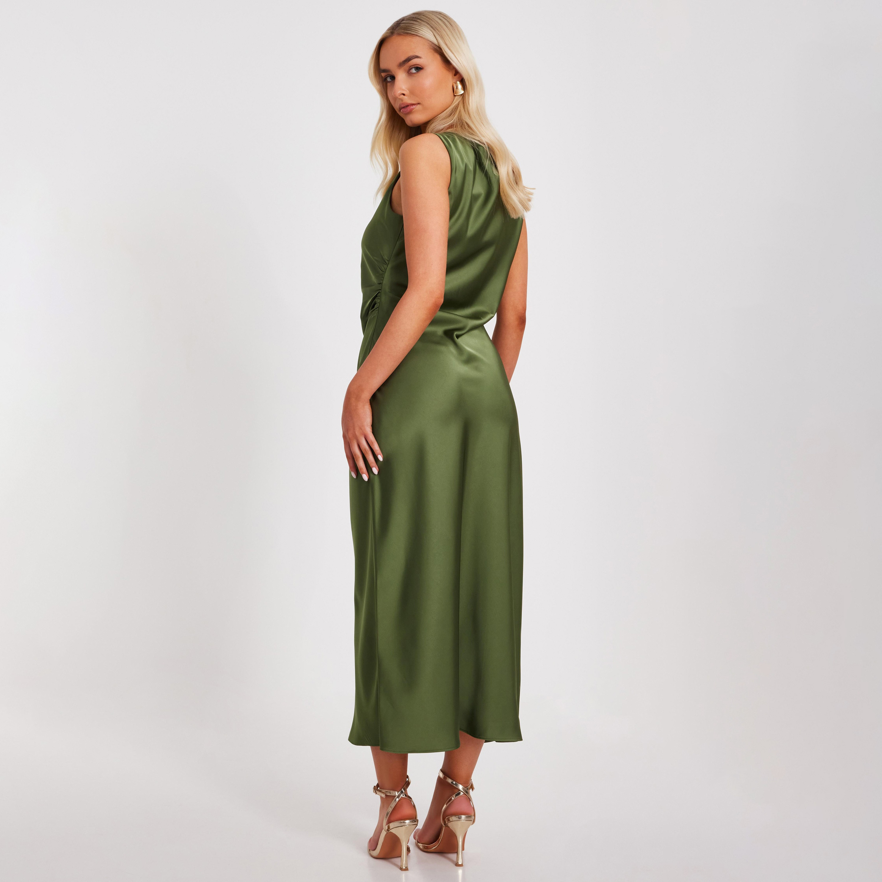 Quiz Ruched Satin Slip Green Women's Maxi Dress-women-clothing-dresses-image-3