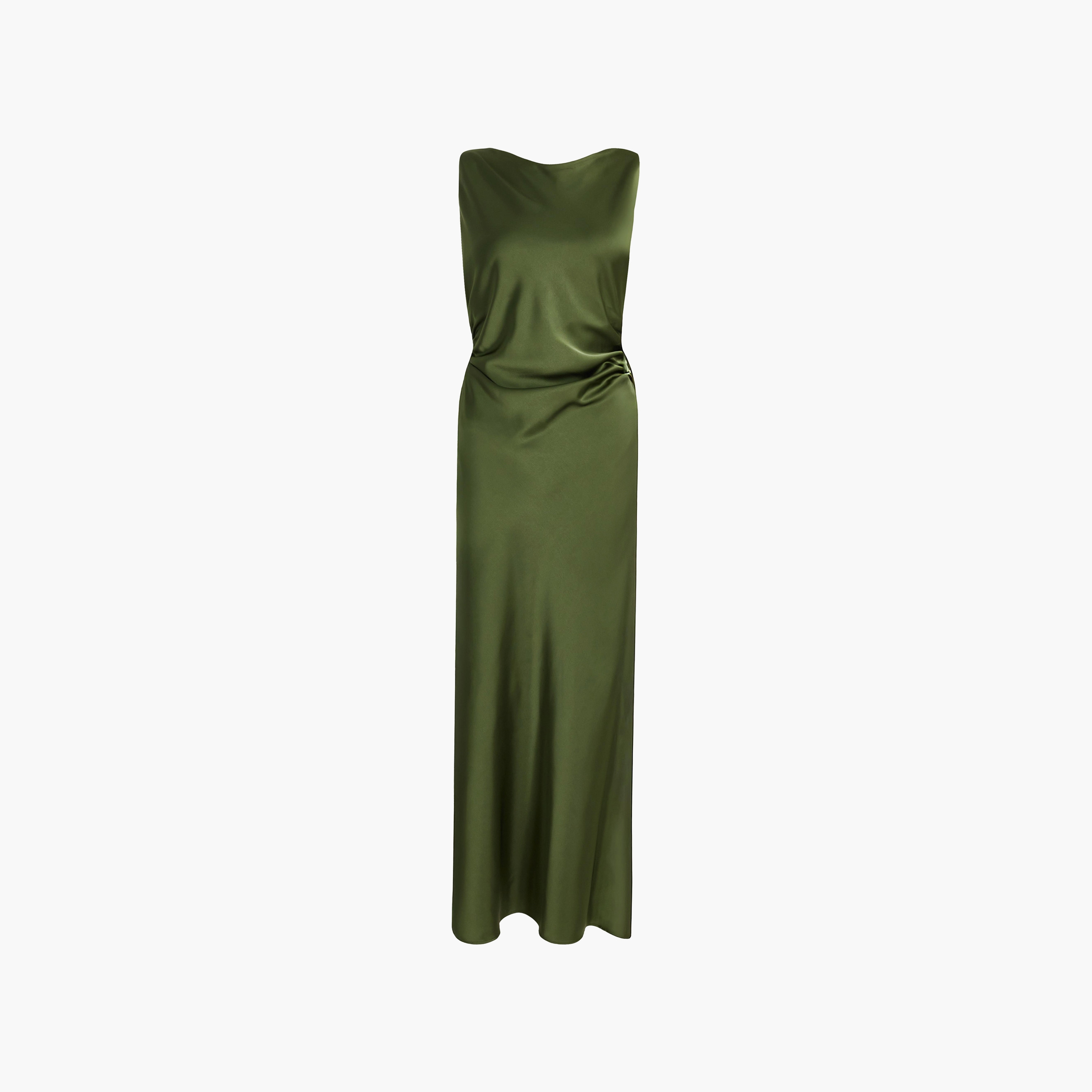 Quiz Ruched Satin Slip Green Women's Maxi Dress-women-clothing-dresses-image-5