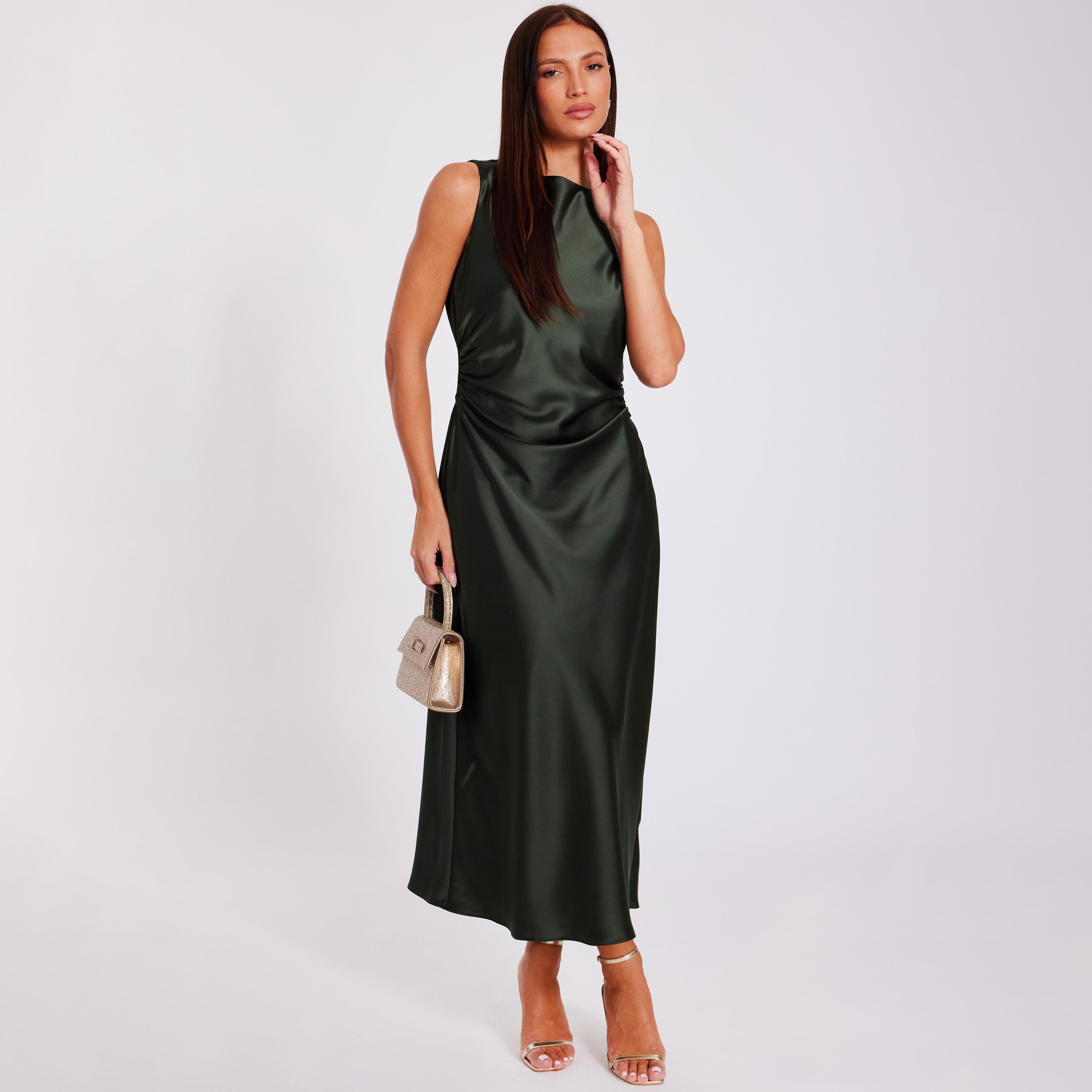 Quiz Ruched Satin Round Neck Green Women's Evening Midi Dress-women-clothing-dresses-image-1