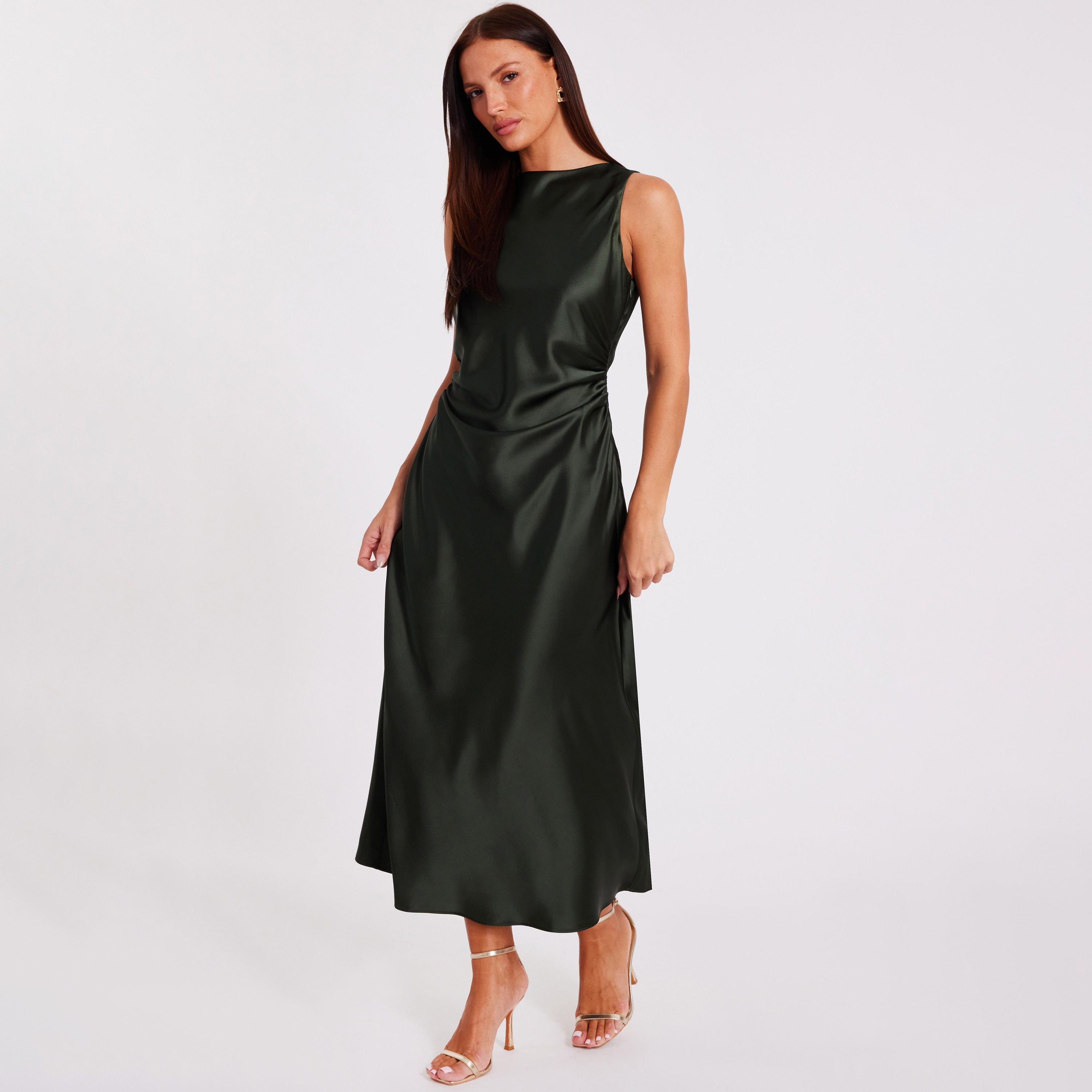 Quiz Ruched Satin Round Neck Green Women's Evening Midi Dress-women-clothing-dresses-image-2