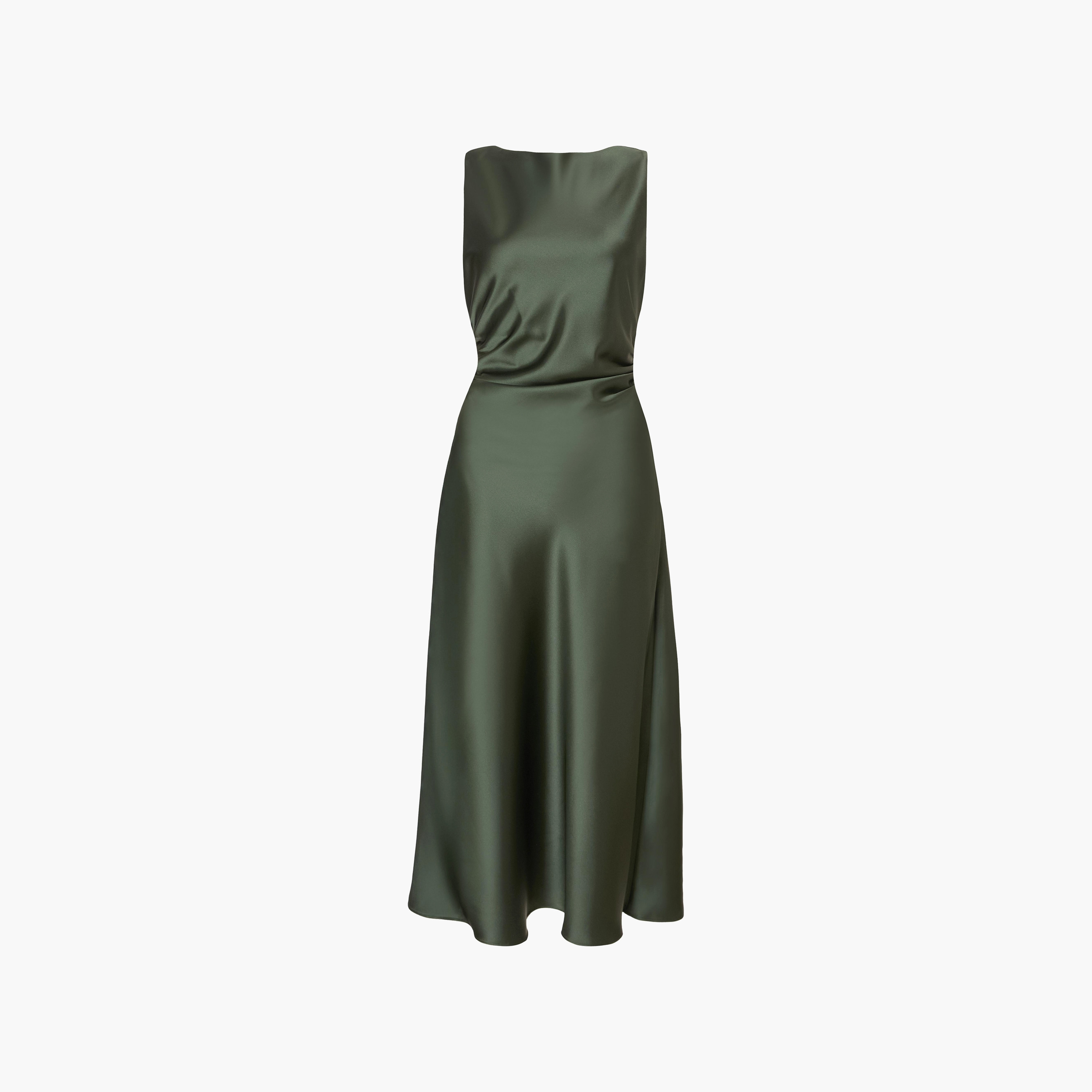 فستان سهرة ميدي نسائي بلون أخضر بياقة مستديرة وكشكشة من الساتان من كويز-women-clothing-dresses-image-5