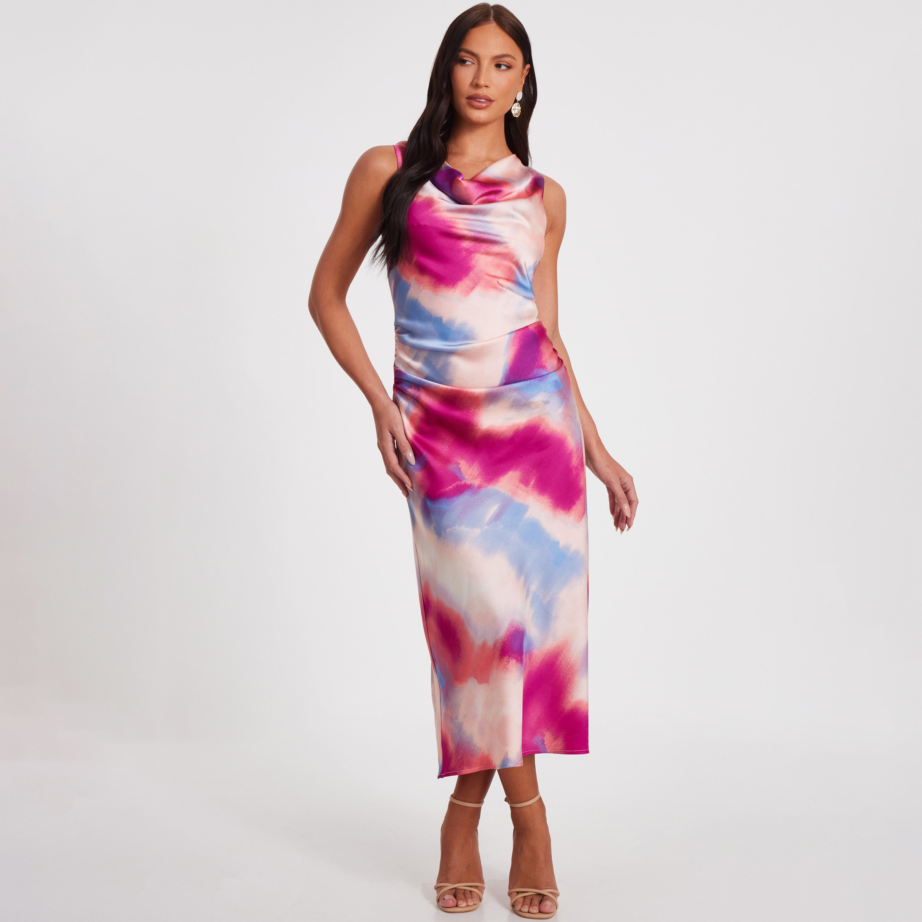 Quiz Tie-Dye Satin Cowl Neck Slip Pink Women's Midi Dress-women-clothing-dresses-image-1