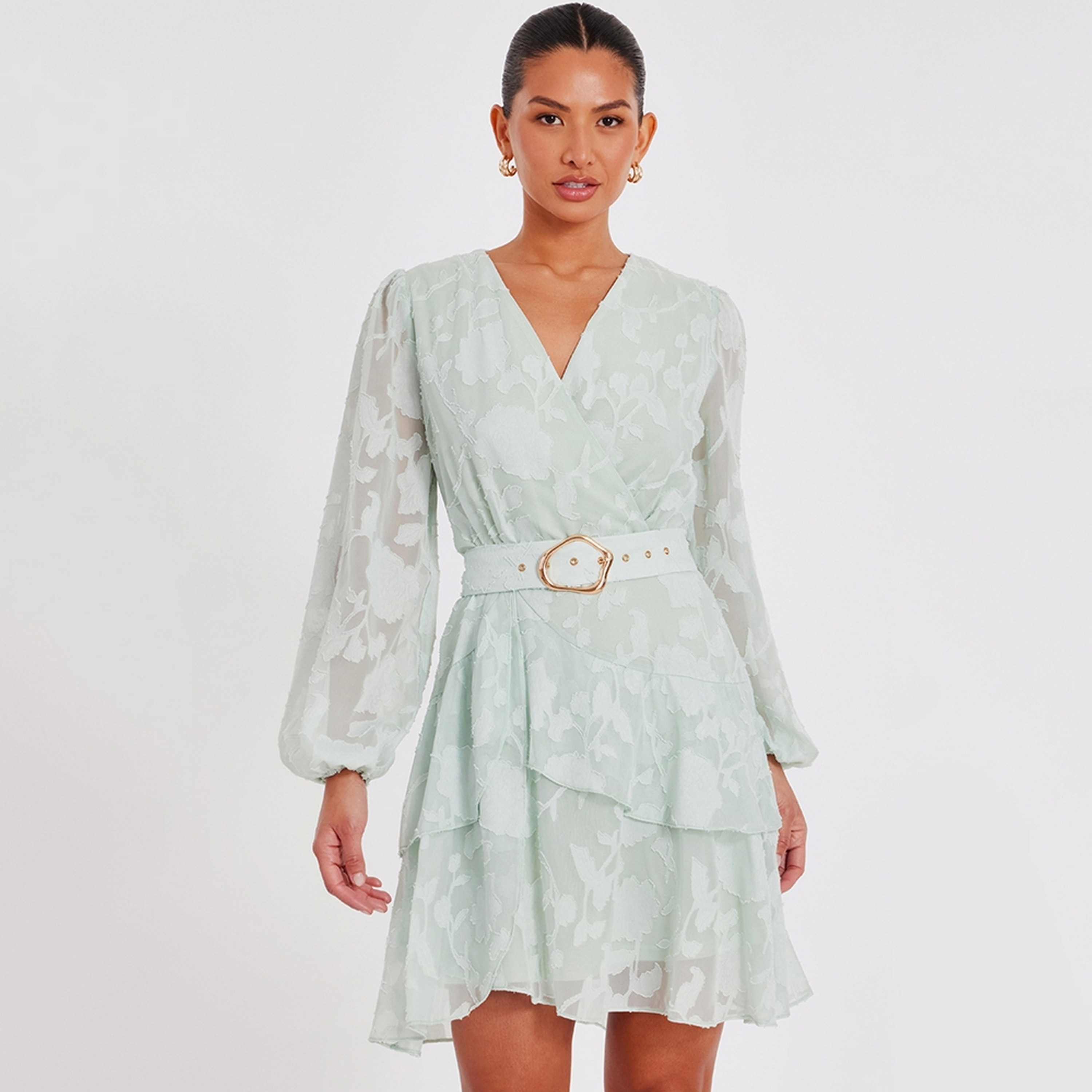 Quiz Jacquard Balloon Sleeves Wrap Green Women's Mini Dress-women-clothing-dresses-image-1