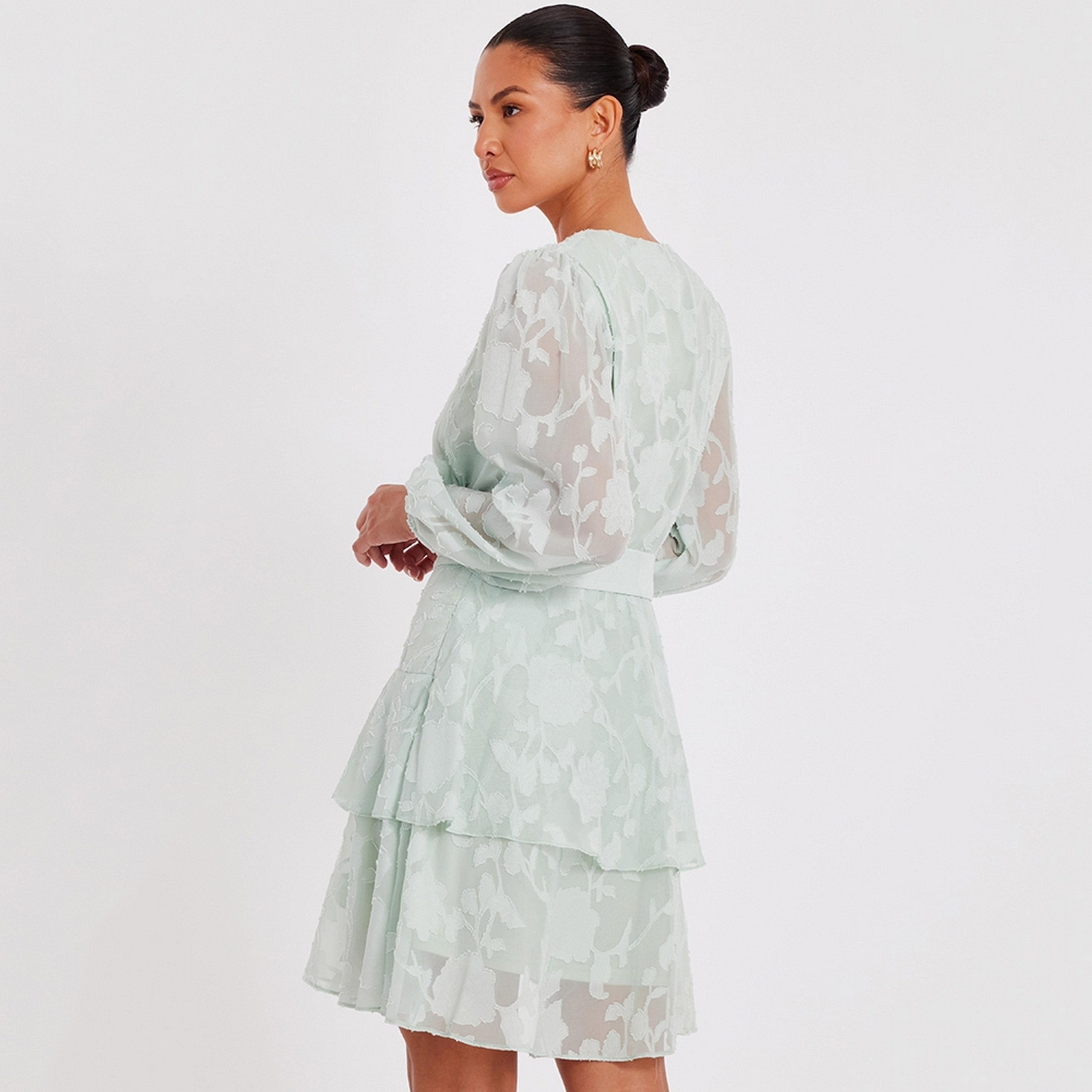 Quiz Jacquard Balloon Sleeves Wrap Green Women's Mini Dress-women-clothing-dresses-image-3