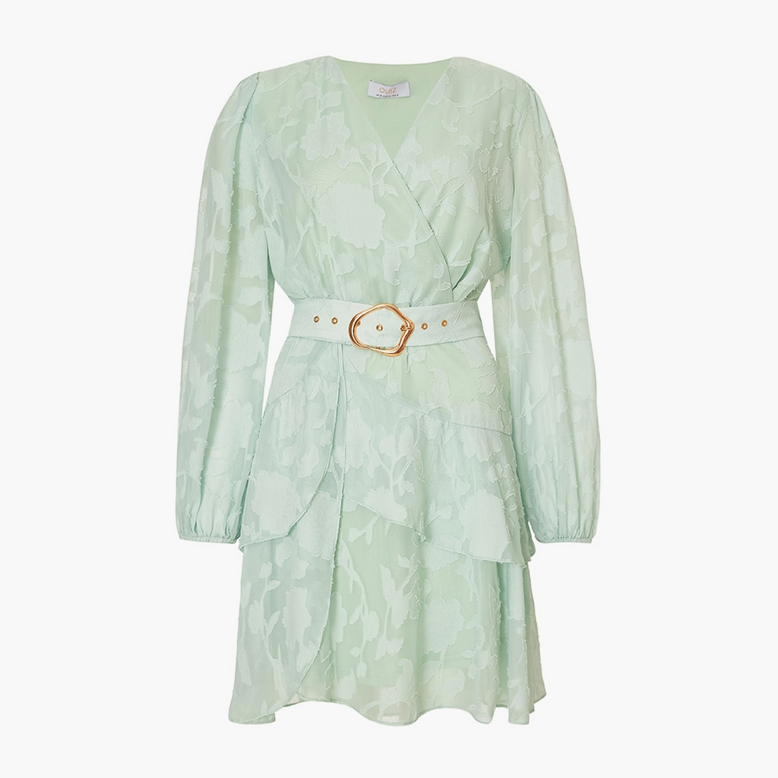 Quiz Jacquard Balloon Sleeves Wrap Green Women's Mini Dress-women-clothing-dresses-image-5
