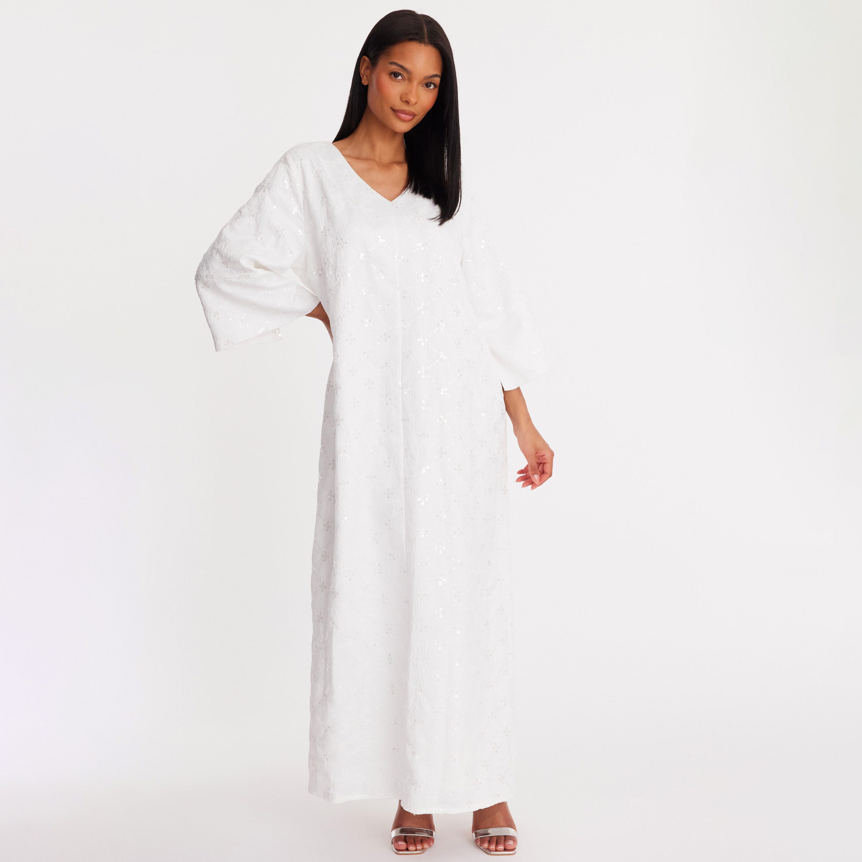 فستان نسائي من قماش الجاكار المزين بالترتر - أبيض من كويز-women-clothing-dresses-image-1
