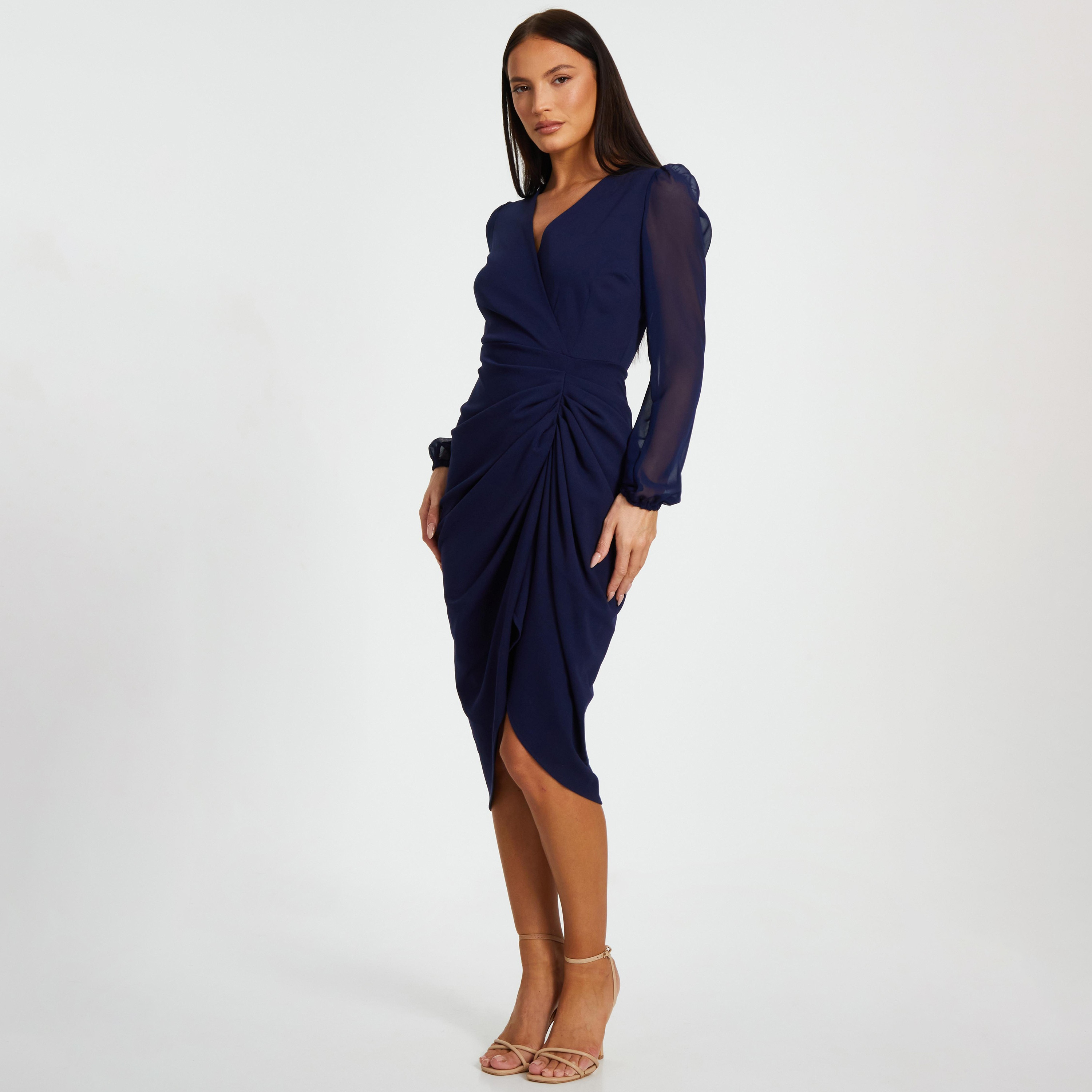 فستان متوسط الطول بأكمام شفافة من الشيفون المكشكش للنساء باللون الأزرق من كويز-women-clothing-dresses-image-2