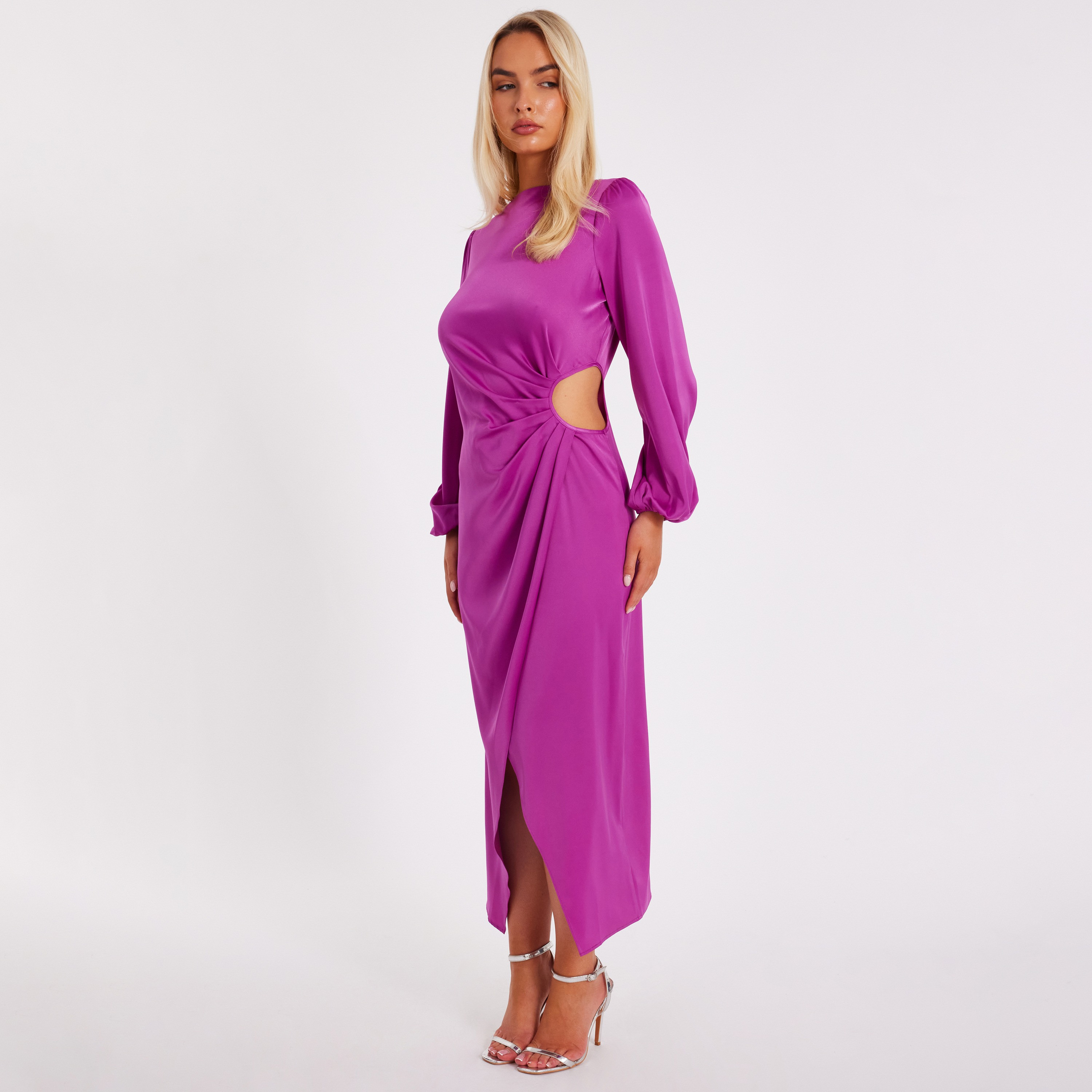 Quiz Ruched Cut-Out Balloon Sleeves Wrap Women's Maxi Dress-women-clothing-dresses-image-2