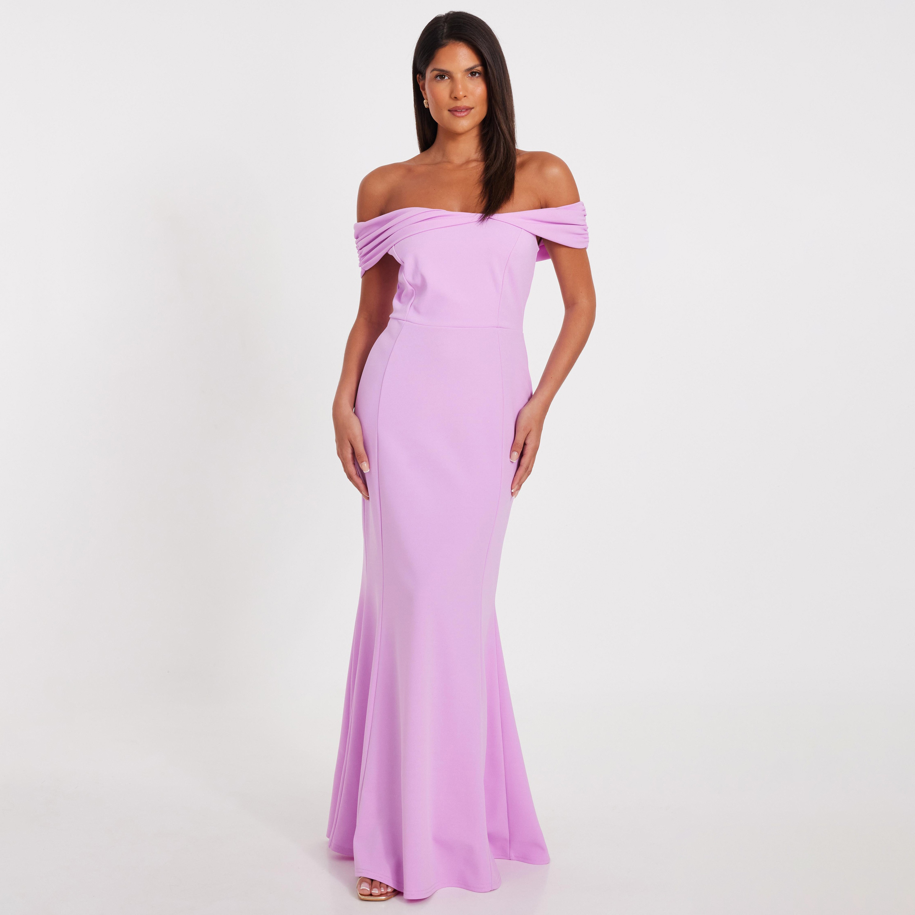فستان سهرة ماكسي نسائي سكوبا كريب برقبة باردة وحورية البحر باللون الأرجواني من كويز-women-clothing-dresses-image-1