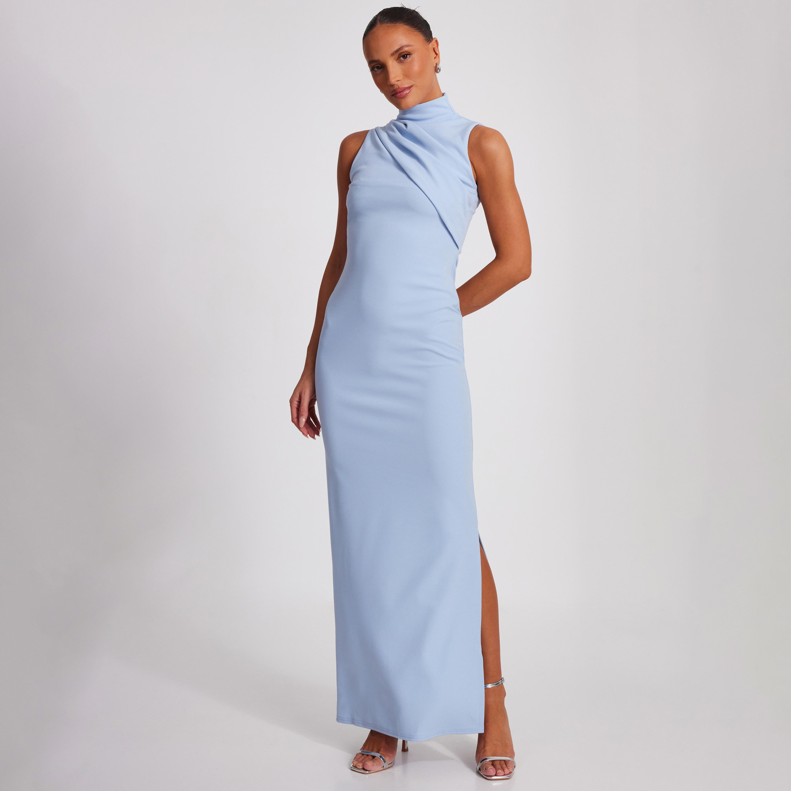 فستان ماكسي نسائي ضيق بياقة عالية من قماش الكريب الأزرق الباهت من كويز-women-clothing-dresses-image-1