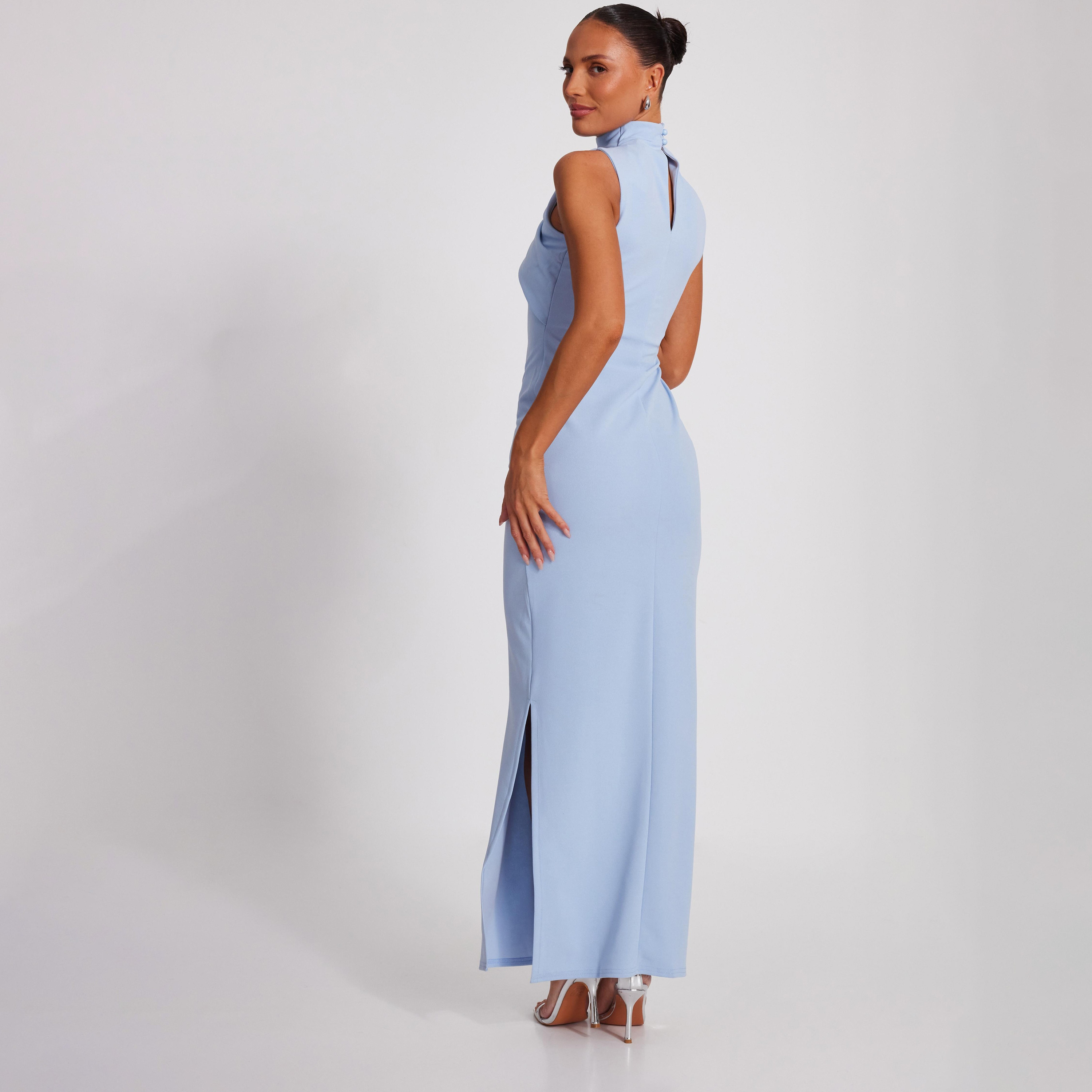 فستان ماكسي نسائي ضيق بياقة عالية من قماش الكريب الأزرق الباهت من كويز-women-clothing-dresses-image-3