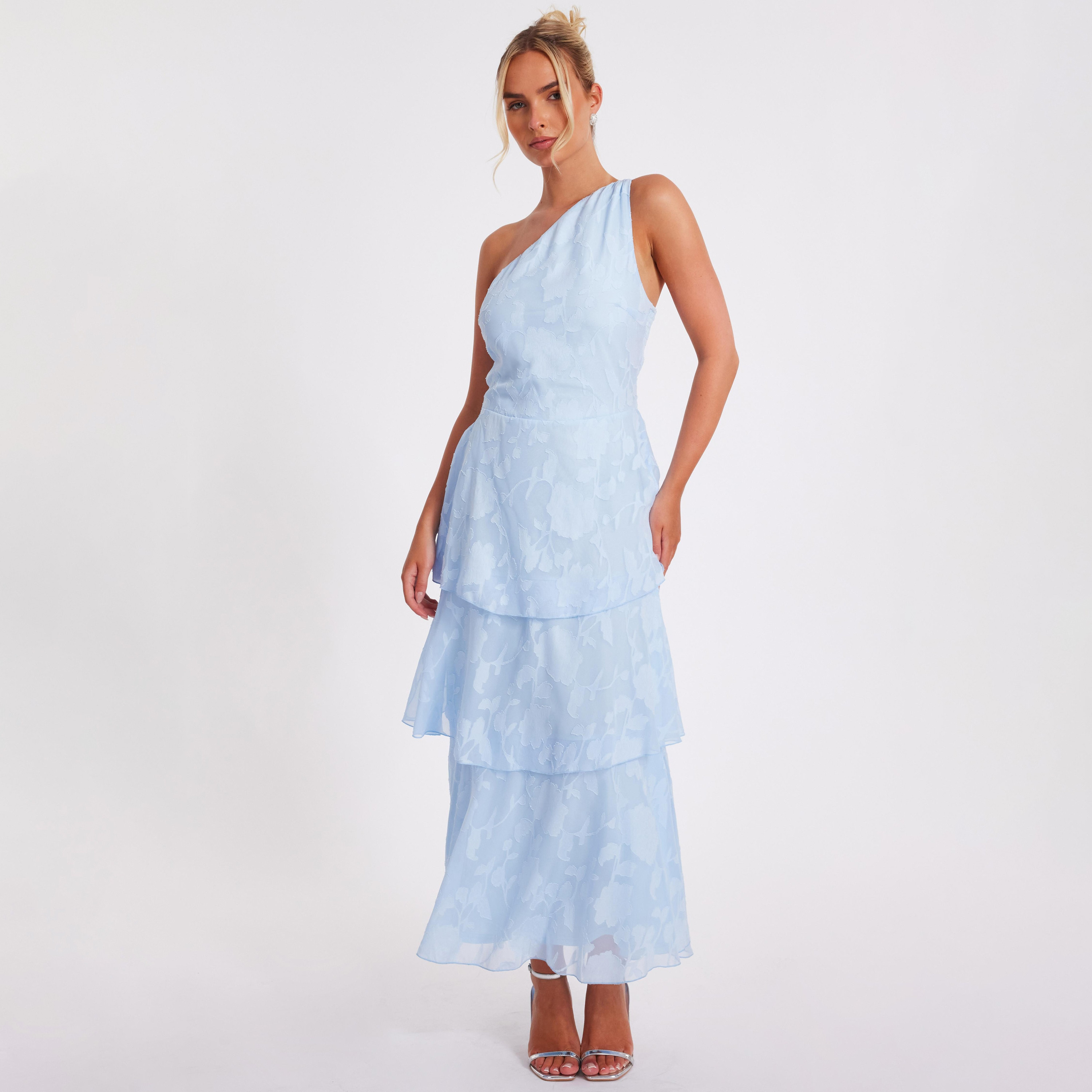 Quiz Pale Blue Floral Jacquard One Shoulder Tiered Women's Maxi Dress-women-clothing-dresses-image-1