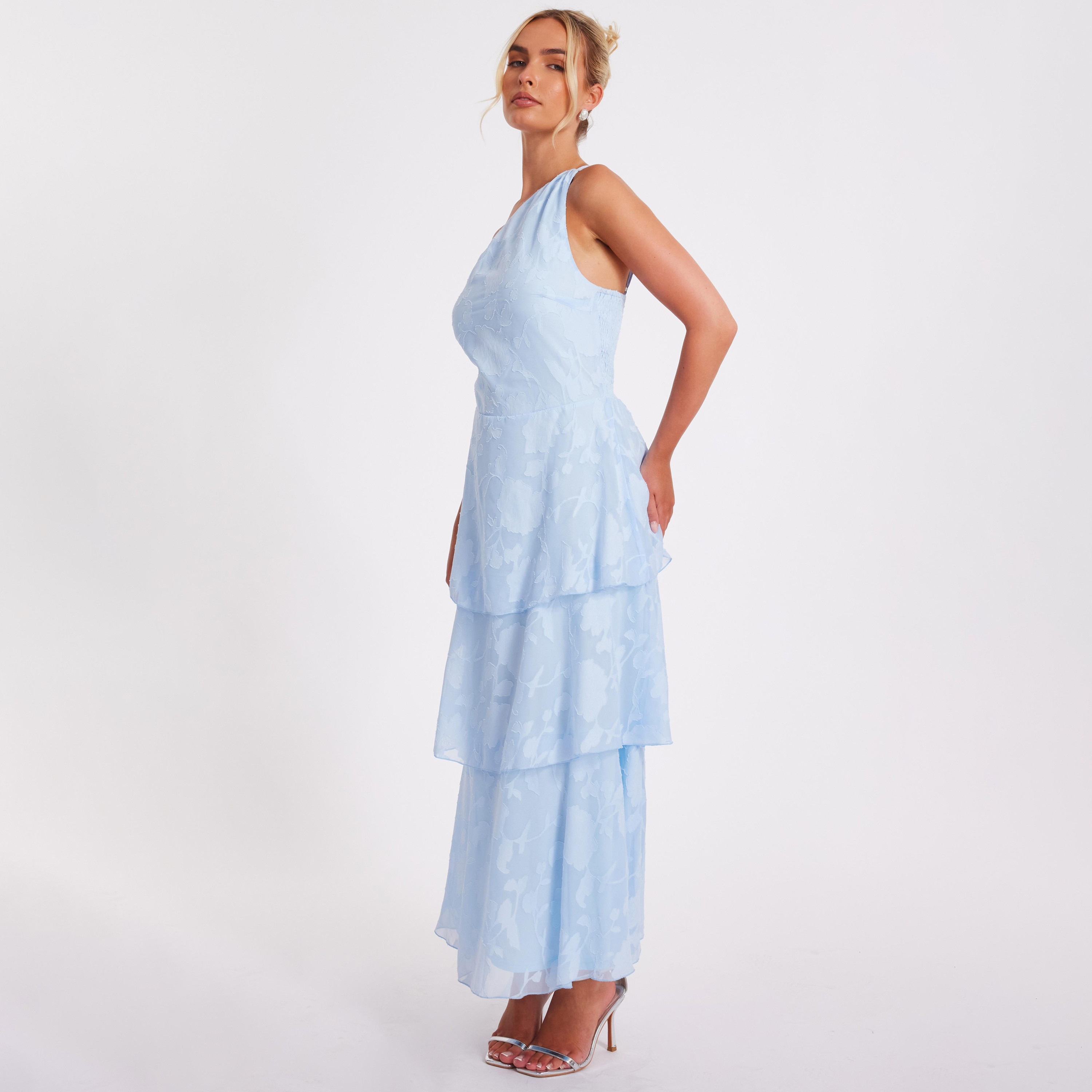 Quiz Pale Blue Floral Jacquard One Shoulder Tiered Women's Maxi Dress-women-clothing-dresses-image-2