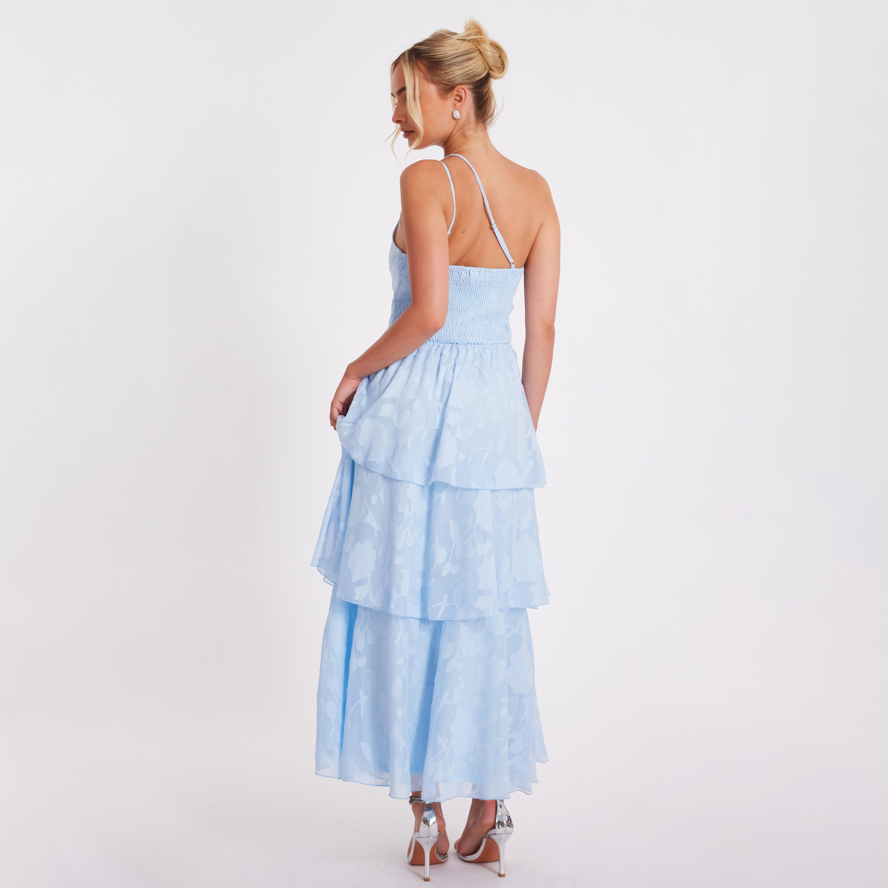 Quiz Pale Blue Floral Jacquard One Shoulder Tiered Women's Maxi Dress-women-clothing-dresses-image-3