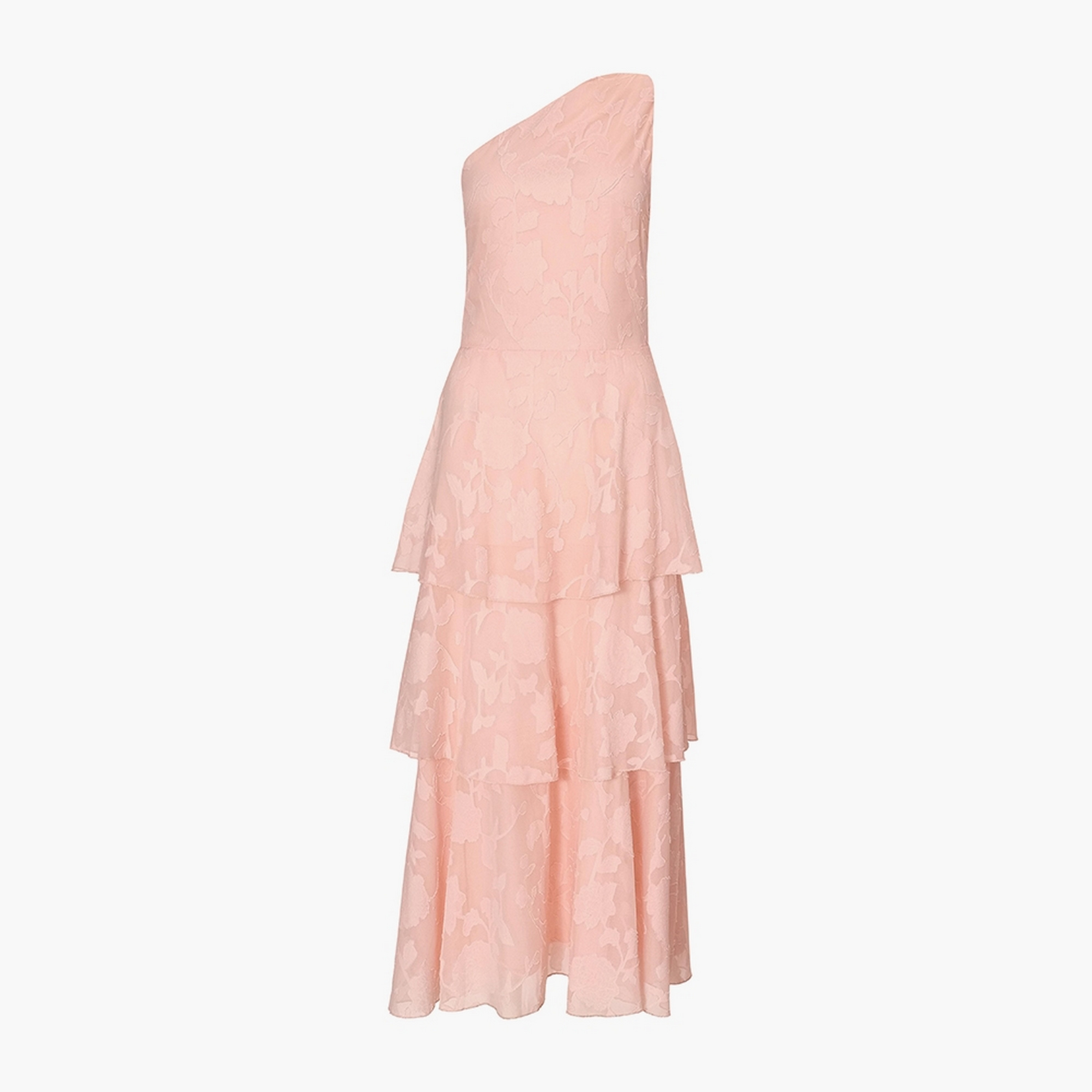 فستان ميدي نسائي وردي بطبقات مزمومة وجاكار وكتف واحد من كويز.-women-clothing-dresses-image-5