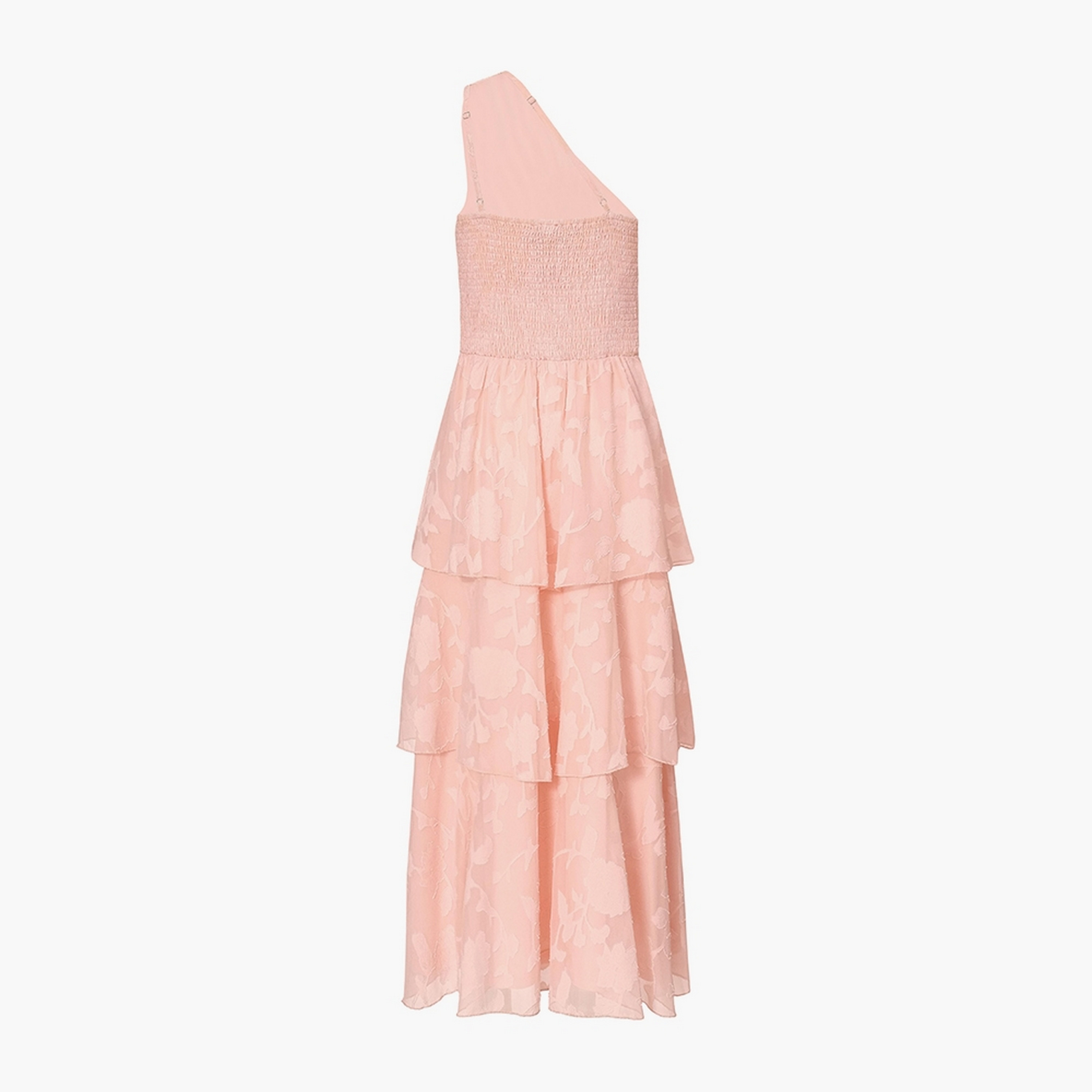 فستان ميدي نسائي وردي بطبقات مزمومة وجاكار وكتف واحد من كويز.-women-clothing-dresses-image-6