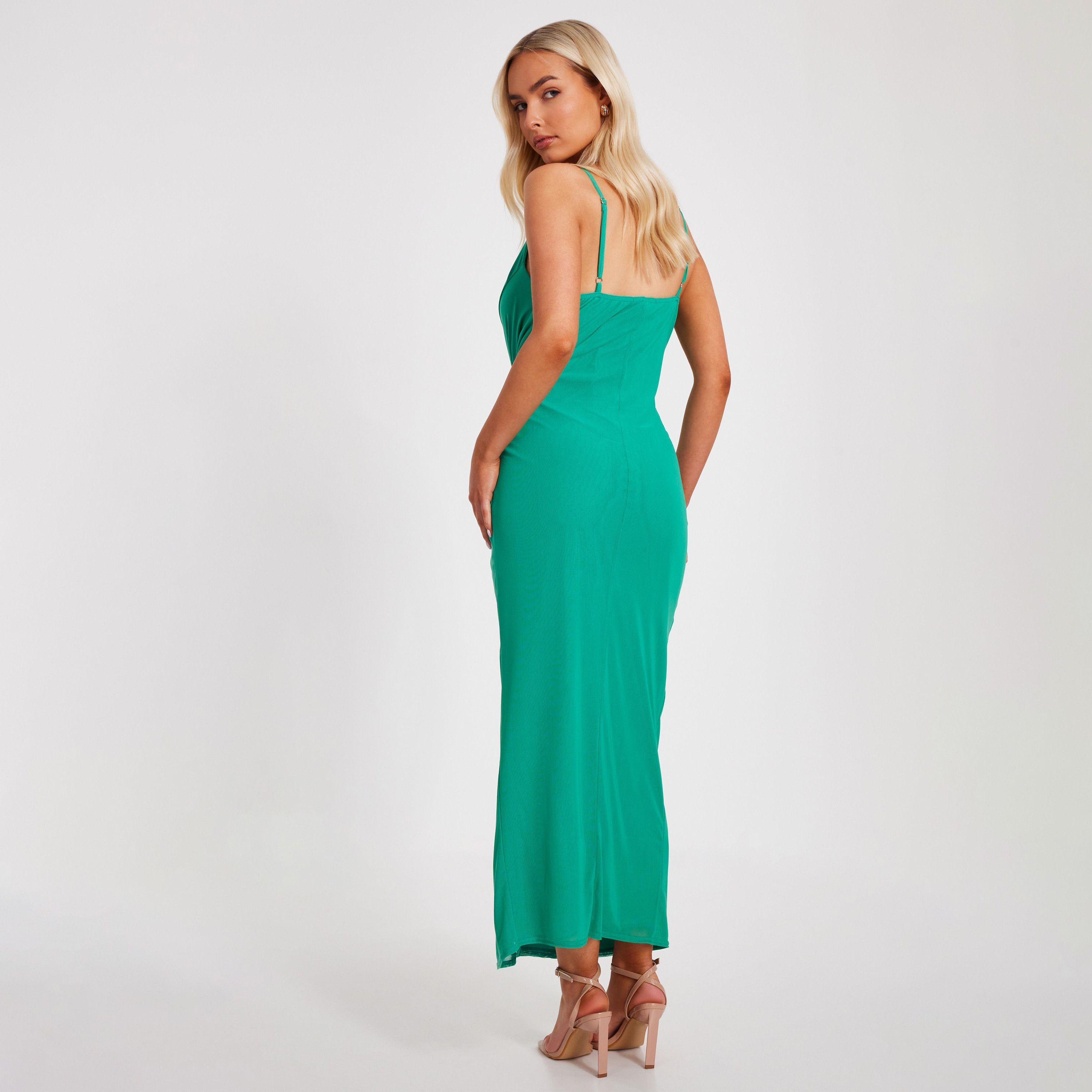 Quiz Twisted Knot Mesh Cowl Neck Slit Green Women's Maxi Dress-women-clothing-dresses-image-3
