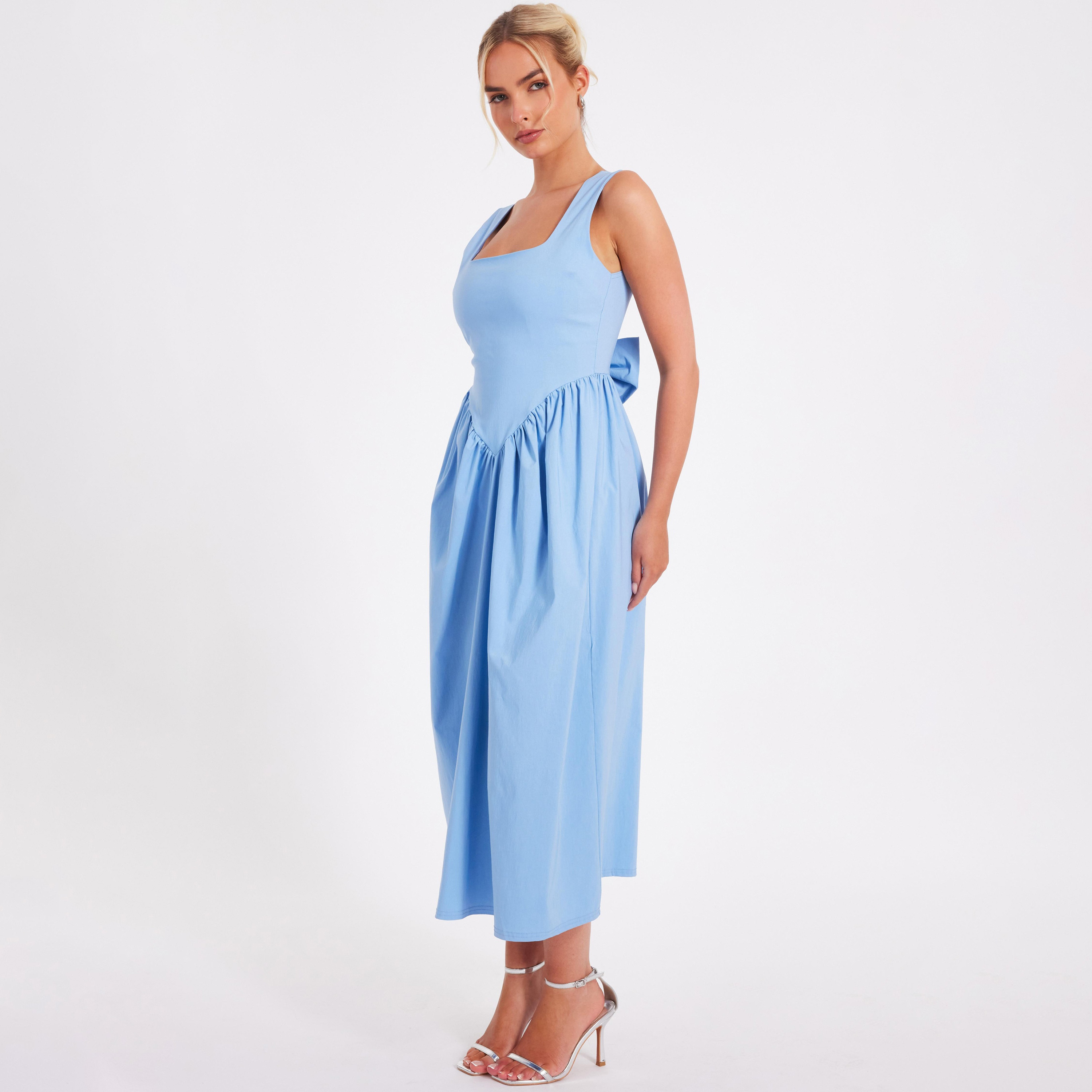 فستان نسائي متوسط الطول أزرق اللون بياقة مربعة وظهر مقوس من كويز-women-clothing-dresses-image-2