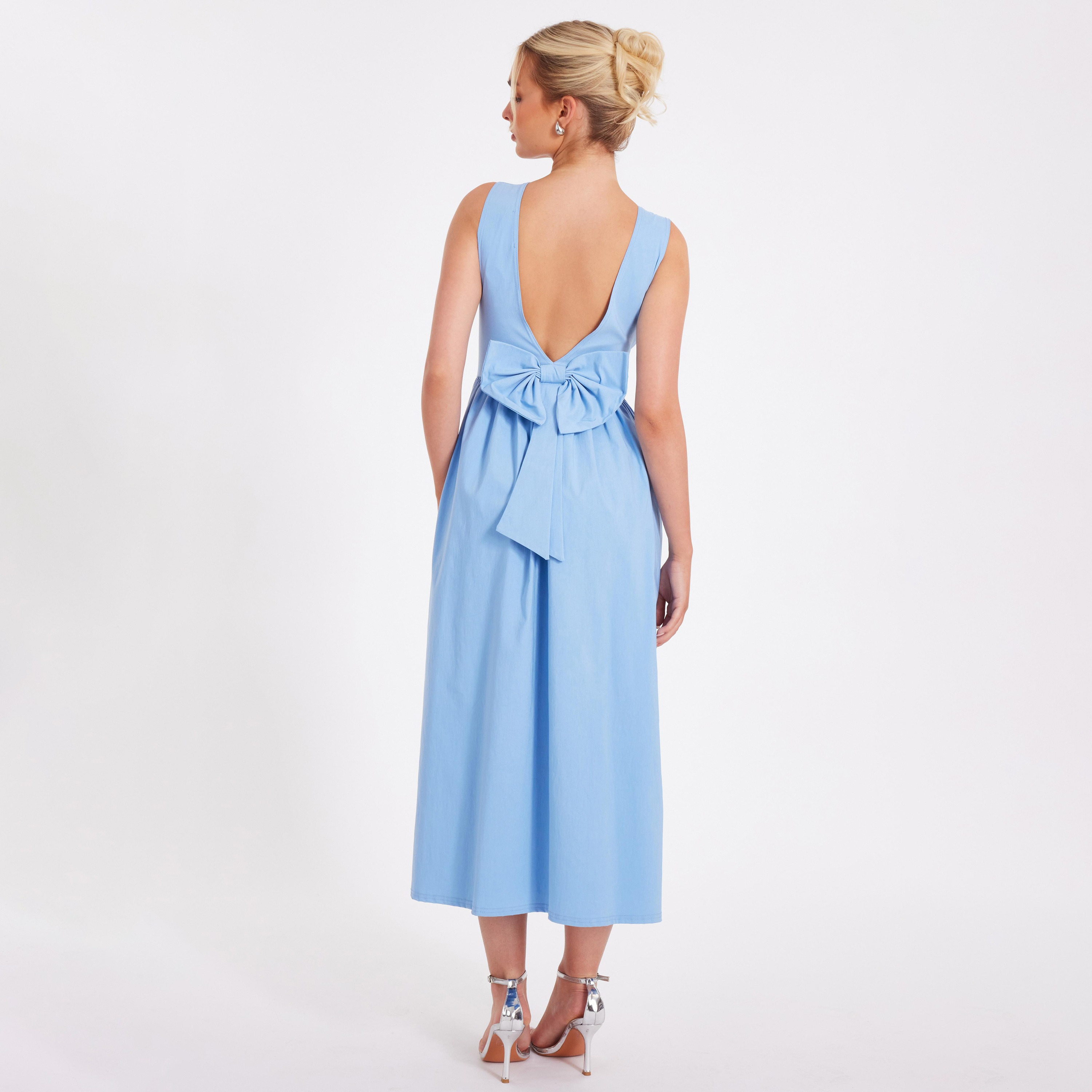 Quiz Bow Back Bengaline Square Neck Blue Women's Midi Dress-women-clothing-dresses-image-3