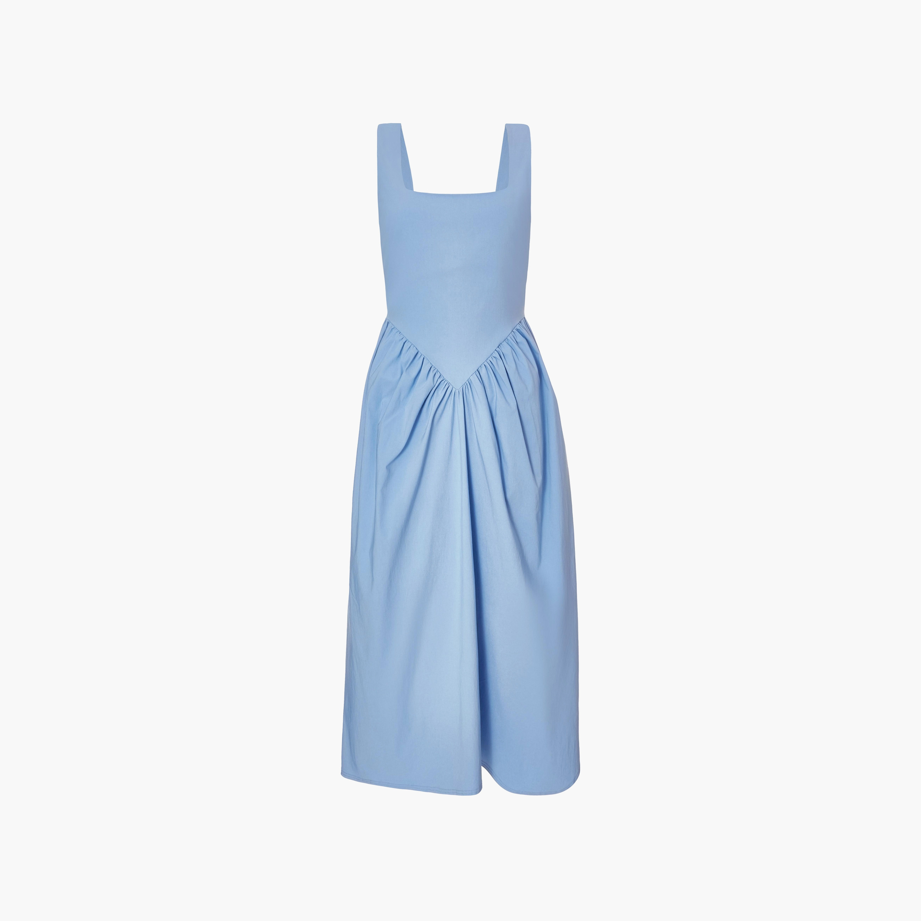 فستان نسائي متوسط الطول أزرق اللون بياقة مربعة وظهر مقوس من كويز-women-clothing-dresses-image-5