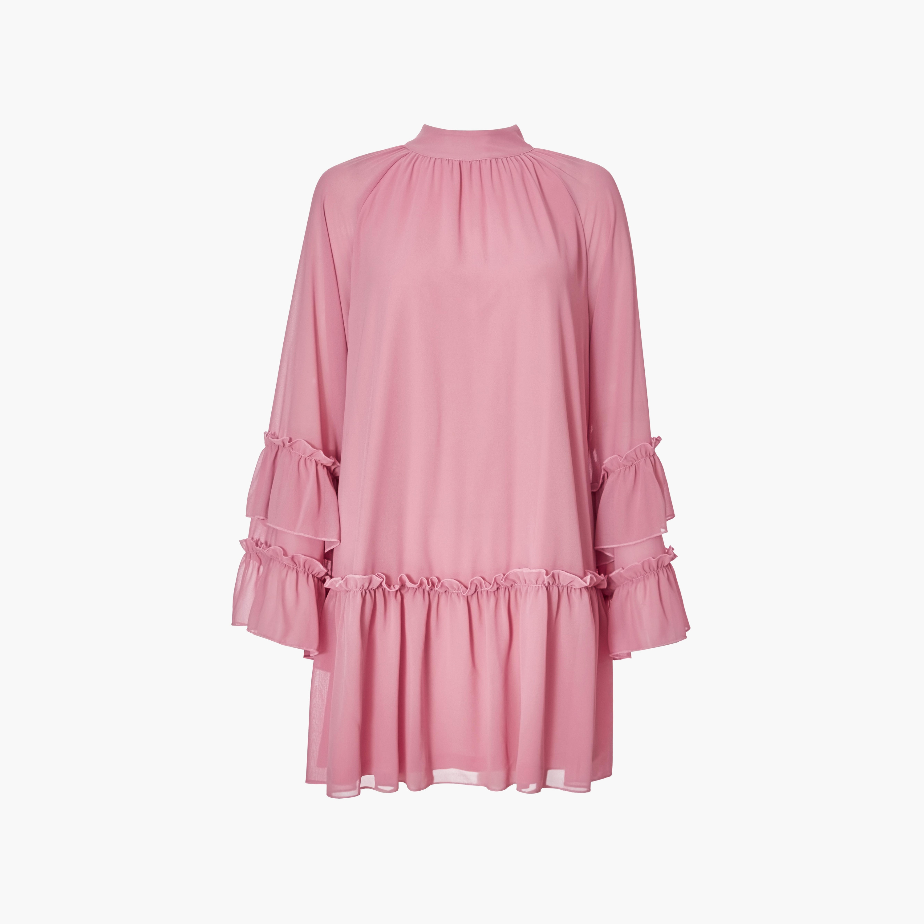 فستان شيفون قصير بأكمام جرس ورقبة دائرية للنساء - وردي فاتح من كويز-women-clothing-dresses-image-5