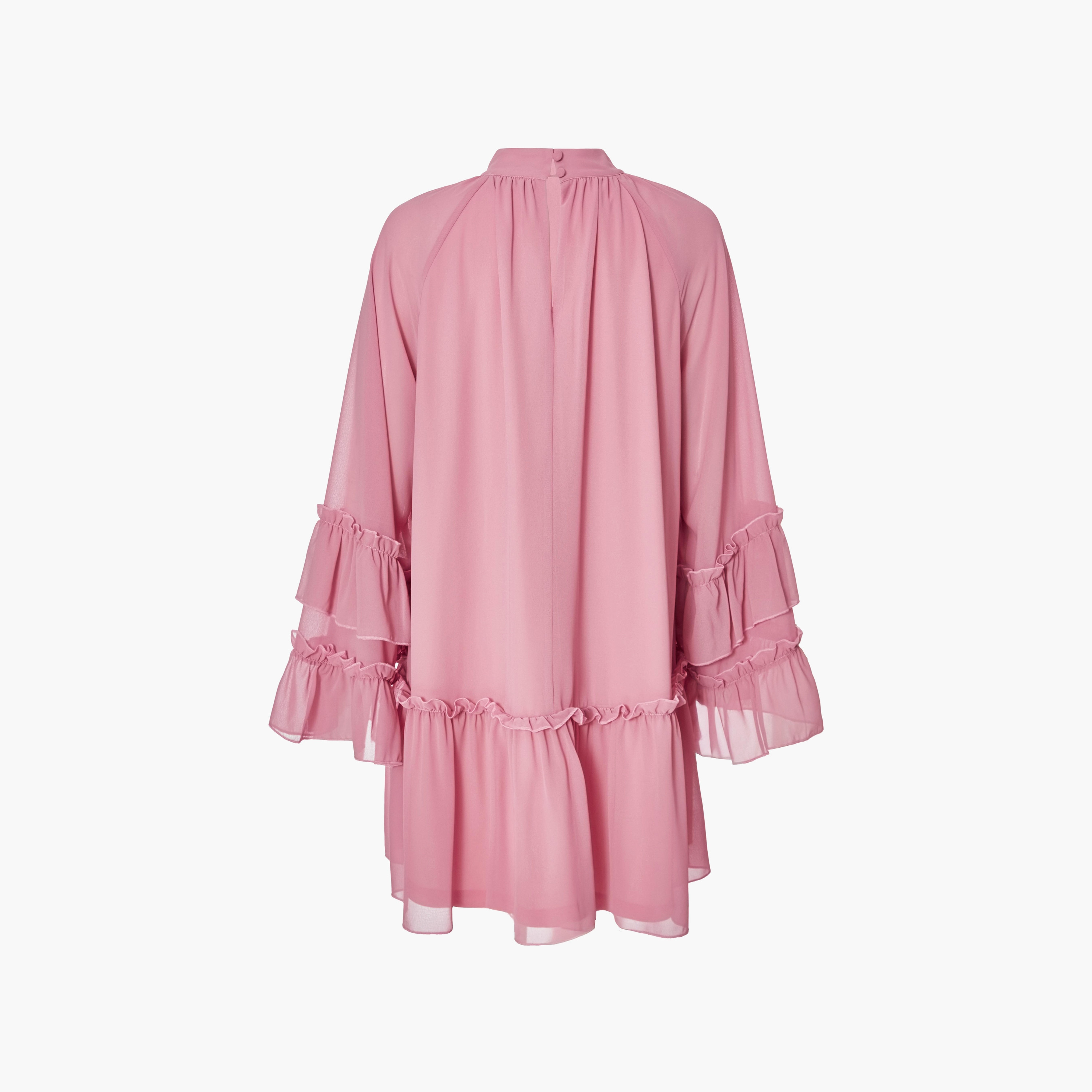 فستان شيفون قصير بأكمام جرس ورقبة دائرية للنساء - وردي فاتح من كويز-women-clothing-dresses-image-6