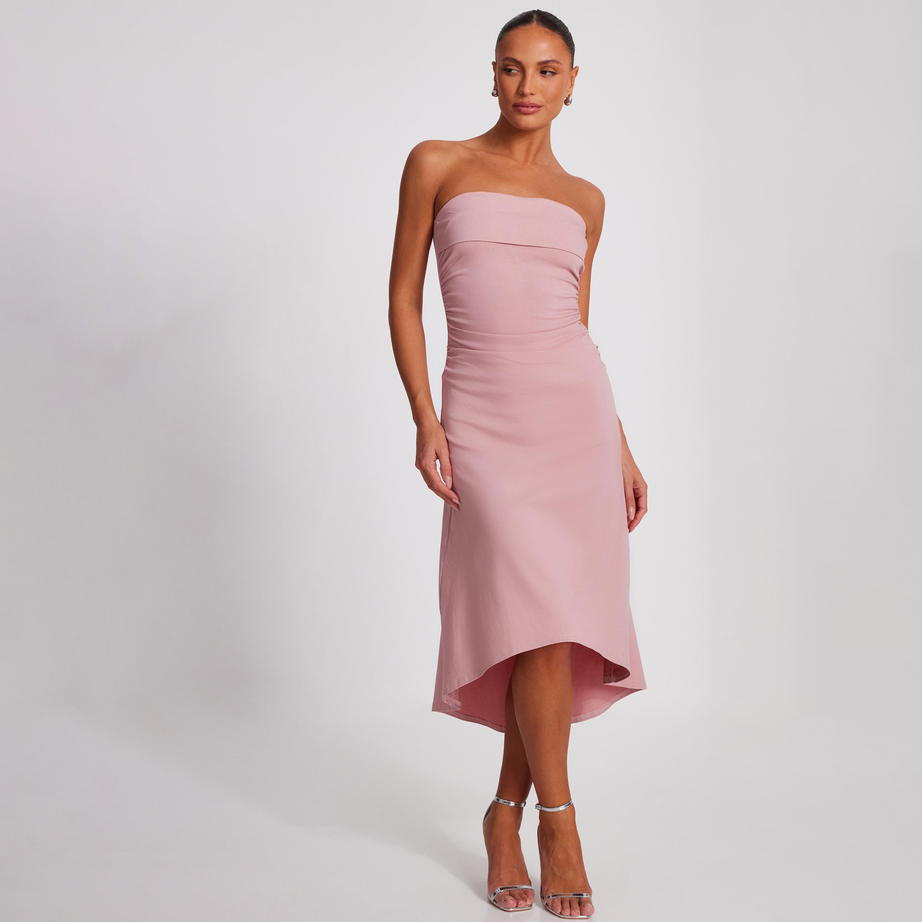 فستان ميدي نسائي باندو بلون وردي فاتح بلون بنغالين من الكتف-women-clothing-dresses-image-1