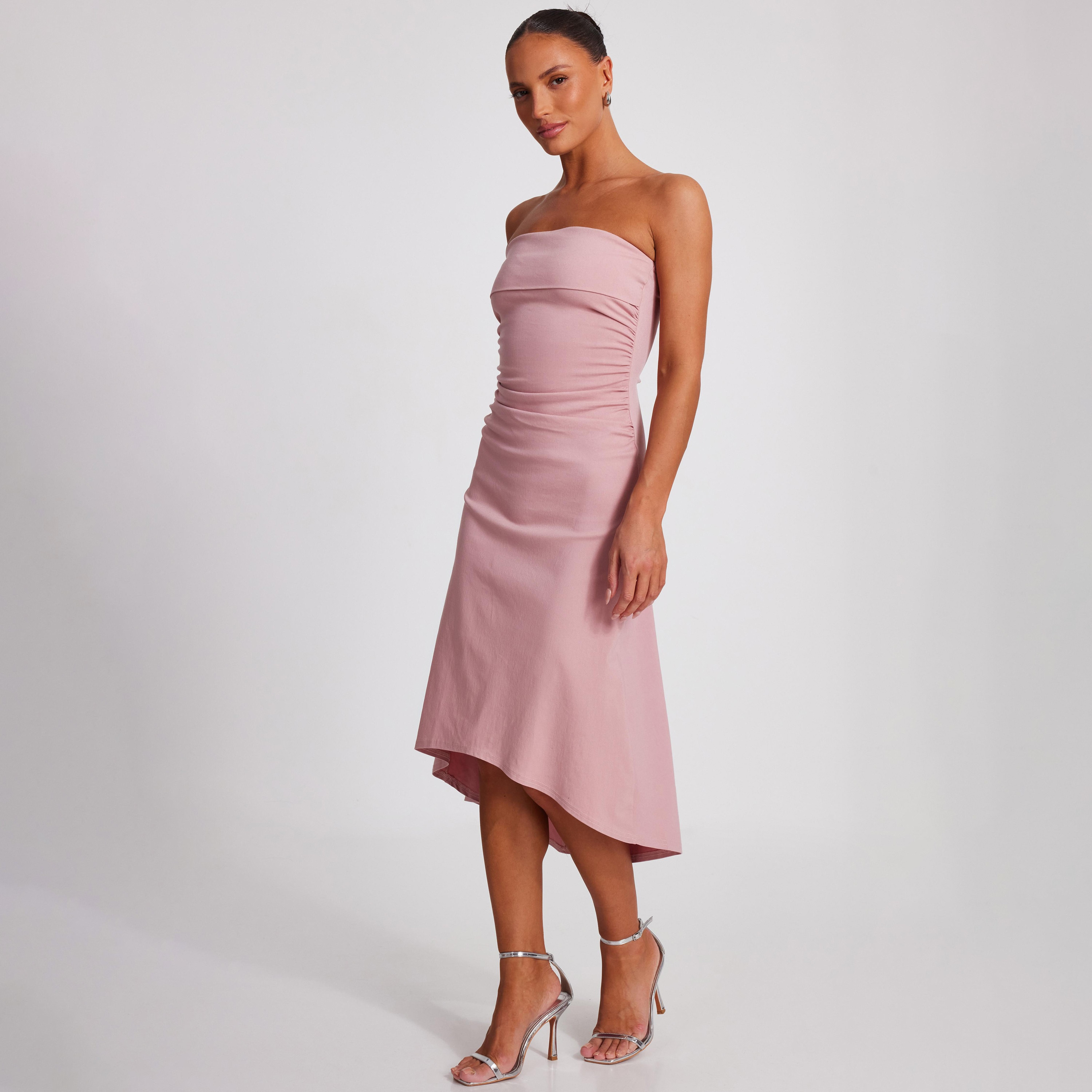 فستان ميدي نسائي باندو بلون وردي فاتح بلون بنغالين من الكتف-women-clothing-dresses-image-2